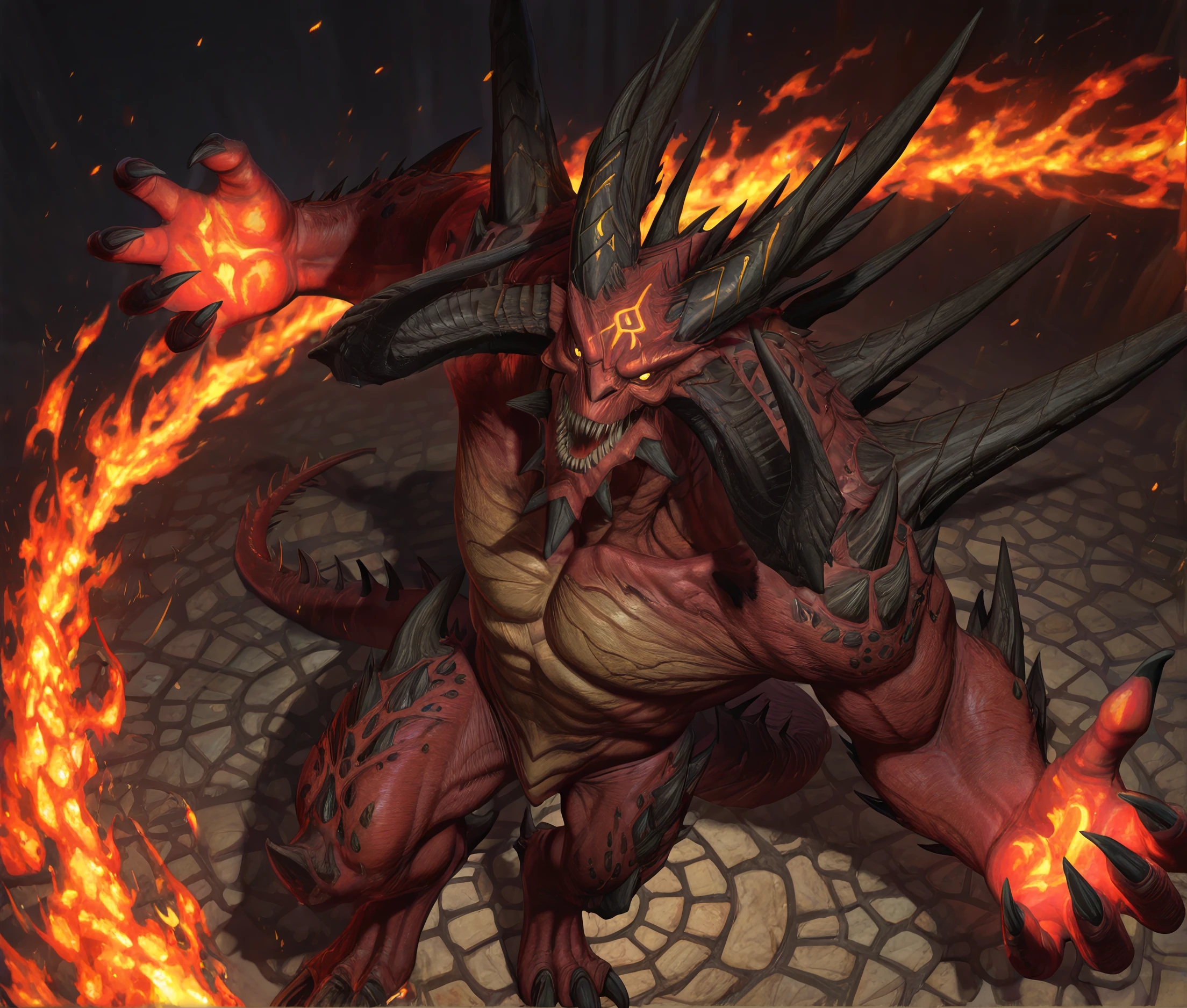 masterpiece, best quality, perfect quality, very awa, absurdres, newest, very aesthetic, absolutely eye-catching, intricate details, fantasy, solo, dynamic pose,
from above, fire, fire magic, runes, runic symbols, rune on ground, arms raised, getting summoned,
d1ablo, monster, creature, red skin, demon, horns, glowing eyes, yellow eyes, spikes, shoulder spikes, muscular, sharp teeth, yellow underbelly, digitigrade, thigh spikes, leg spikes, arm spikes,
<lora:Diablo for Illustrious:0.75>