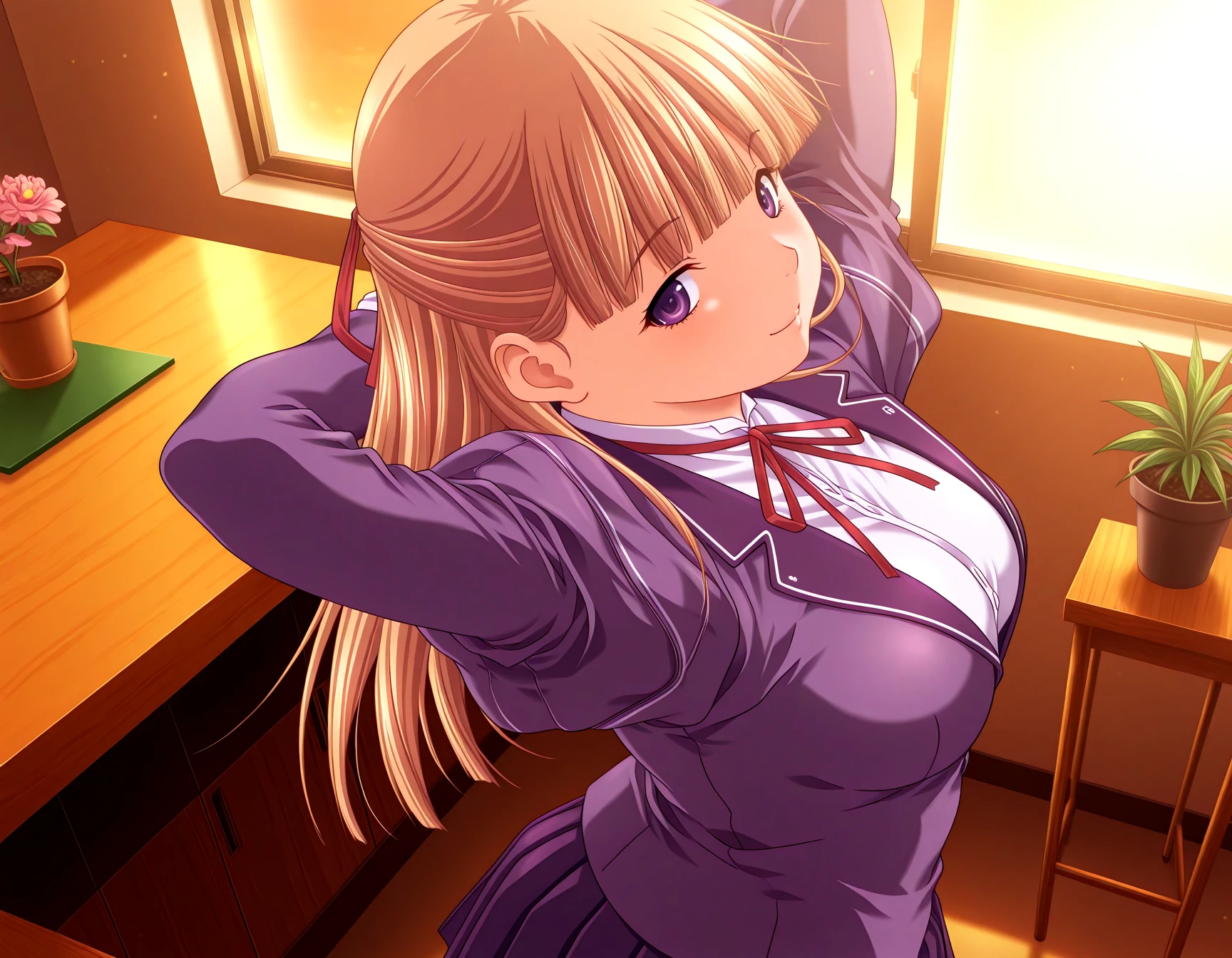 1girl, (solo:1.3), (2girls, 3girls, 4girls, multiple girls, 2boys, 3boys, 4boys, multiple boys:-1.3), <lora:Kanzaki_Asuka_Medorei_Illustrious:1.0>, Kanzaki Asuka, large breasts, purple eyes, blonde hair, long hair, blunt bangs, half updo, hair ribbon,, school uniform, purple jacket, collared shirt, white shirt, long sleeves, neck ribbon, pleated skirt, purple skirt, , smile, open eyes, general, contrapposto, dynamic pose, arms behind head, portrait, from behind, from above, dutch angle, indoors, cafeteria, cafe, wooden stool, window, outdoor view, plant, potted plant, flower, (perspective:0.7), evening, sunset, , <lora:glossy_anime_style_illustriousXL-000011:1.0>, glossy_anime_style, masterpiece, best quality, amazing quality, very aesthetic, absurdres, newest, very awa, bloom, surreal, symbolic, cinematic, 4K, HDR, (anime coloring, flat color:1.2),