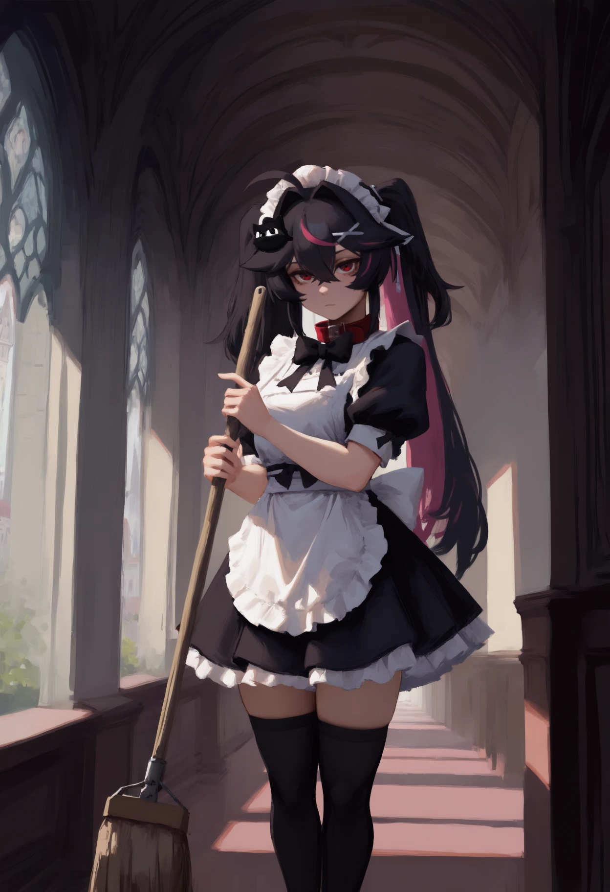 newest, painterly, solo, 1girl, expressionless, looking at viewer, standing, holding broom, cleaning, long hair, streaked hair, black hair, pink hair, ahoge, hair between eyes, hair intakes, twintails, cat hair ornament, x hair ornament, maid headdress, red eyes, maid, frills, short dress, black dress, frilled dress, black bowtie, white apron, maid apron, puffy short sleeves, black thighhighs, red collar, indoors, european architecture, hallway
<segment:yolo-Anzhc Face seg 640 v3 y11n.pt,0.5,1//cid=11>