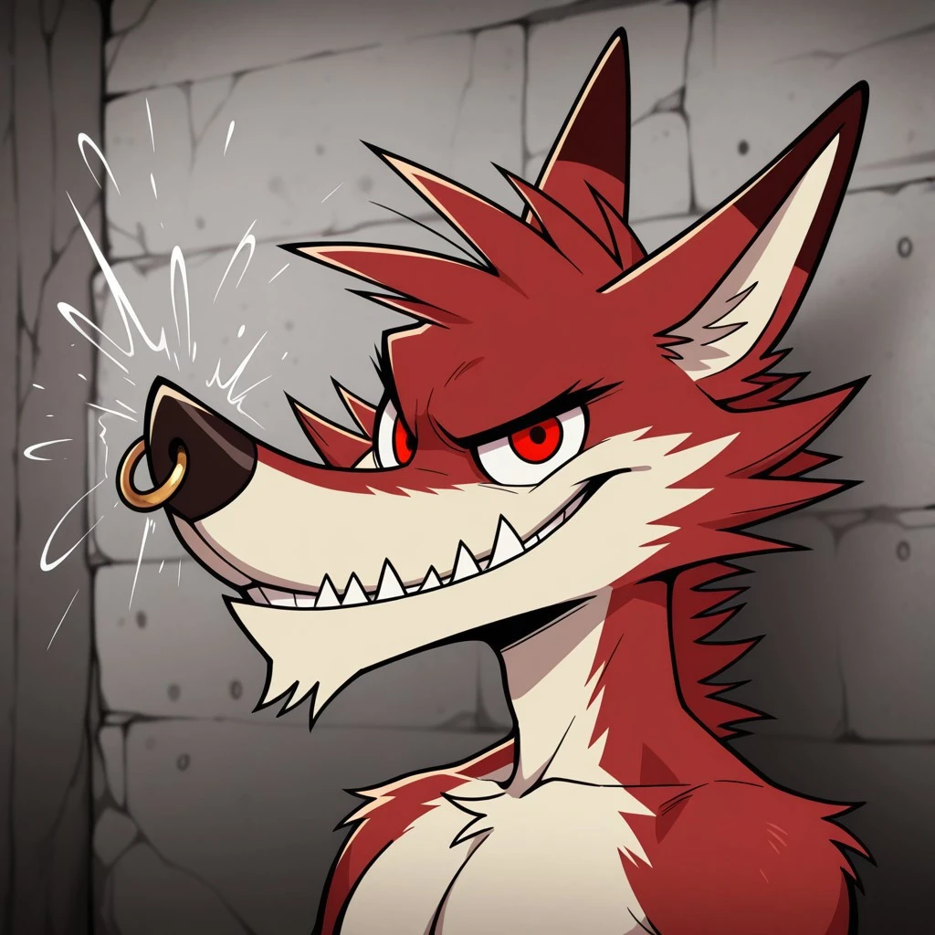 masterpiece, best quality, amazing quality, decker, solo, male, anthro wolf, red fur, headshot, smirk, red eyes, nose ring, spiky hair, cartoony look