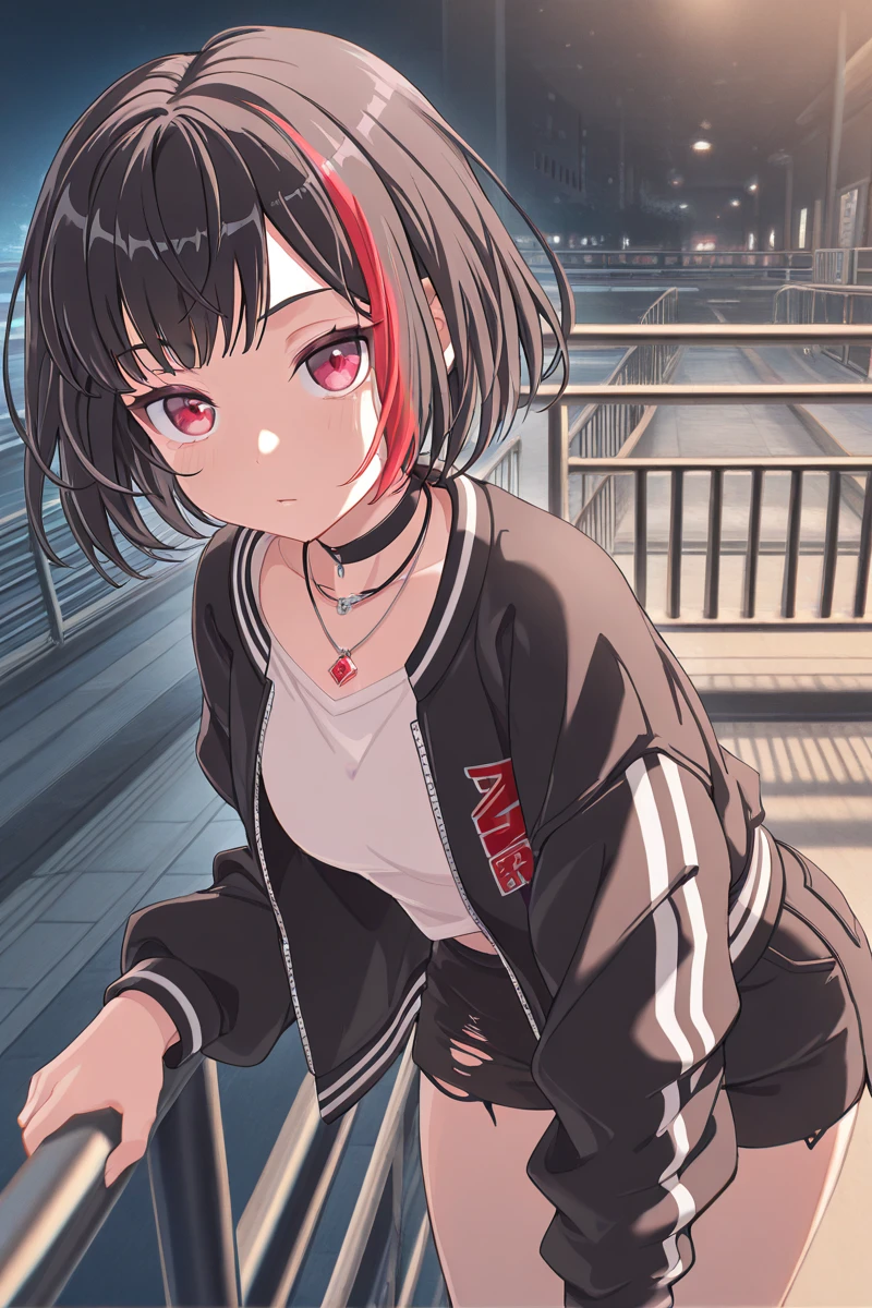 masterpiece, best quality, amazing quality,
<lora:MitakeRan_IL:1> mitakeran, 1girl, streaked hair, solo, black hair, multicolored hair, red hair, short hair, jewelry, jacket, shirt, black choker, shorts, black jacket, black shorts, choker, looking at viewer, railing, white shirt, pendant, long sleeves, leaning forward, bangs, necklace