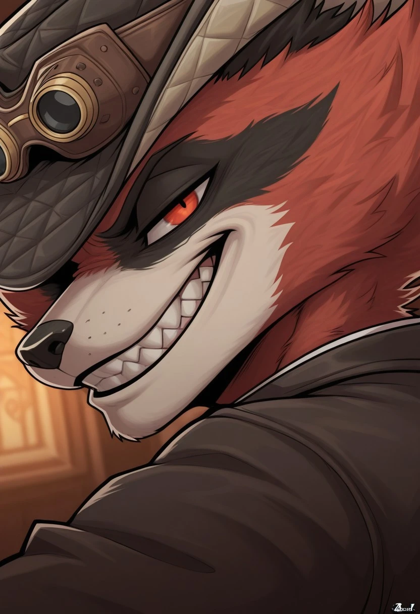 masterpiece,best quality,amazing quality, 1boy, solo,R0cket racc00n,B0unty Hunt3r Su1t,side angle,smirk,close up