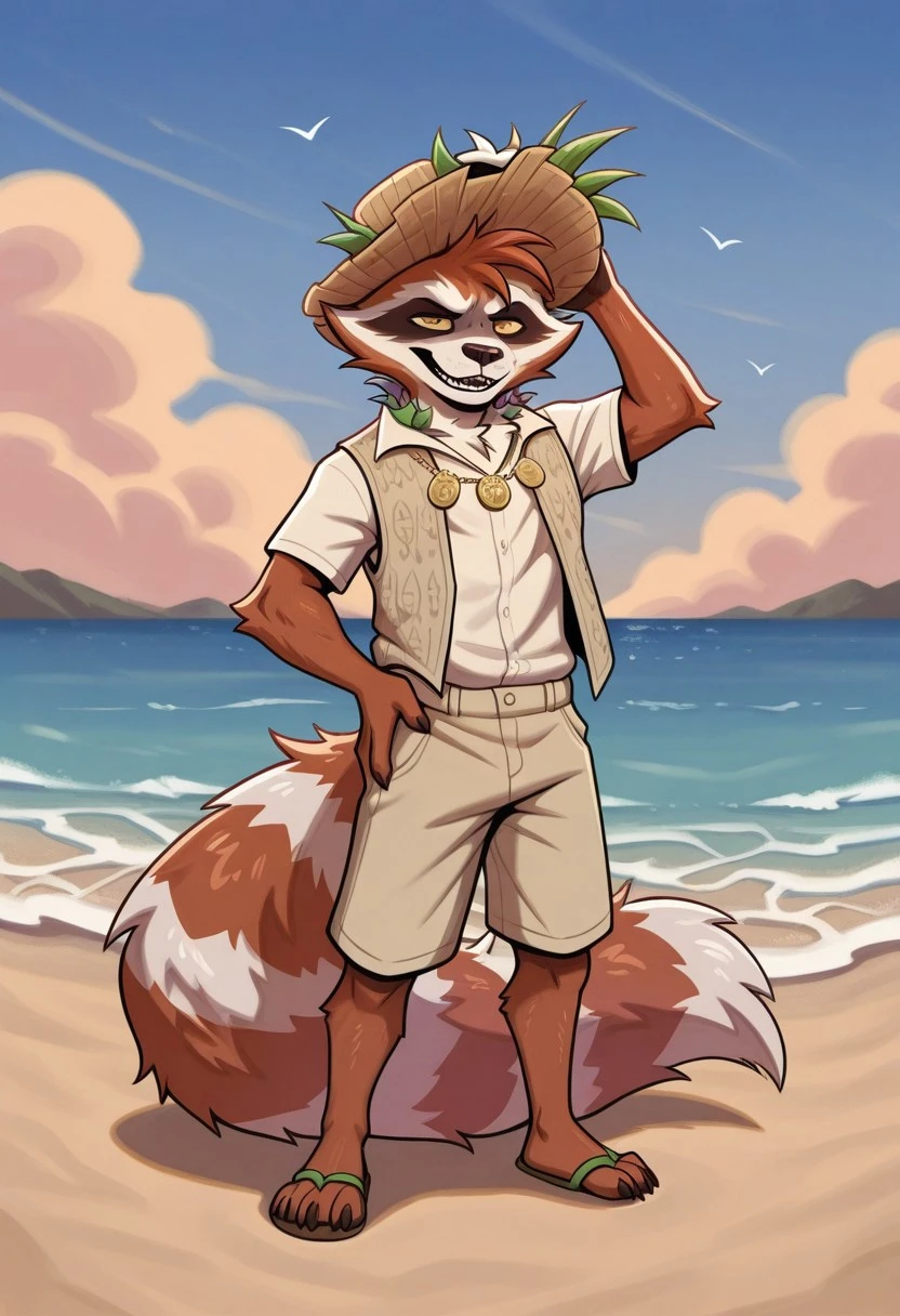 masterpiece,best quality,amazing quality, 1boy, solo,R0cket racc00n,sunh1ne racc00n,beach,vest,fullbody