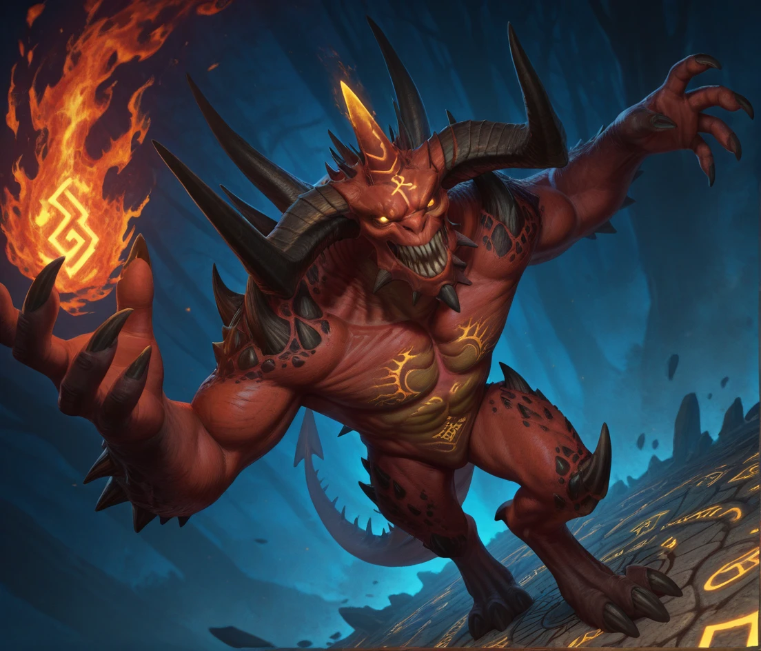 masterpiece, best quality, perfect quality, very awa, absurdres, newest, very aesthetic, absolutely eye-catching, intricate details, fantasy, solo, dynamic pose,
from above, fire, fire magic, runes, runic symbols, rune on ground, arms raised, getting summoned,
d1ablo, monster, creature, red skin, demon, horns, glowing eyes, yellow eyes, spikes, shoulder spikes, muscular, sharp teeth, yellow underbelly, digitigrade, thigh spikes, leg spikes, arm spikes,
<lora:Diablo for Illustrious:0.75>