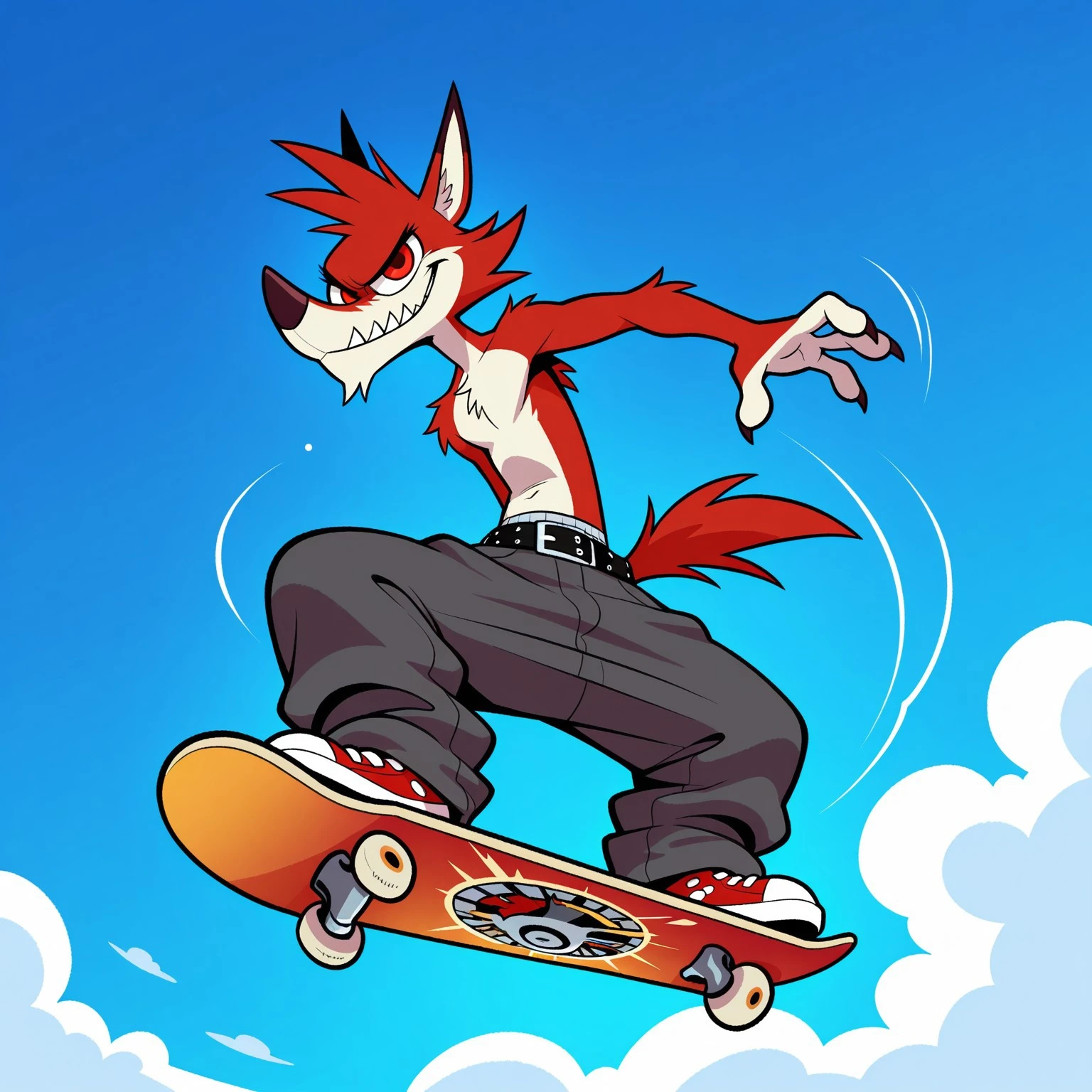 masterpiece, best quality, amazing quality, decker, solo, male, anthro wolf, red fur, saggy pants, belt, sneakers, smirk, red eyes,  spiky hair, skateboarding, low angle view, sky background, in air, cartoony look