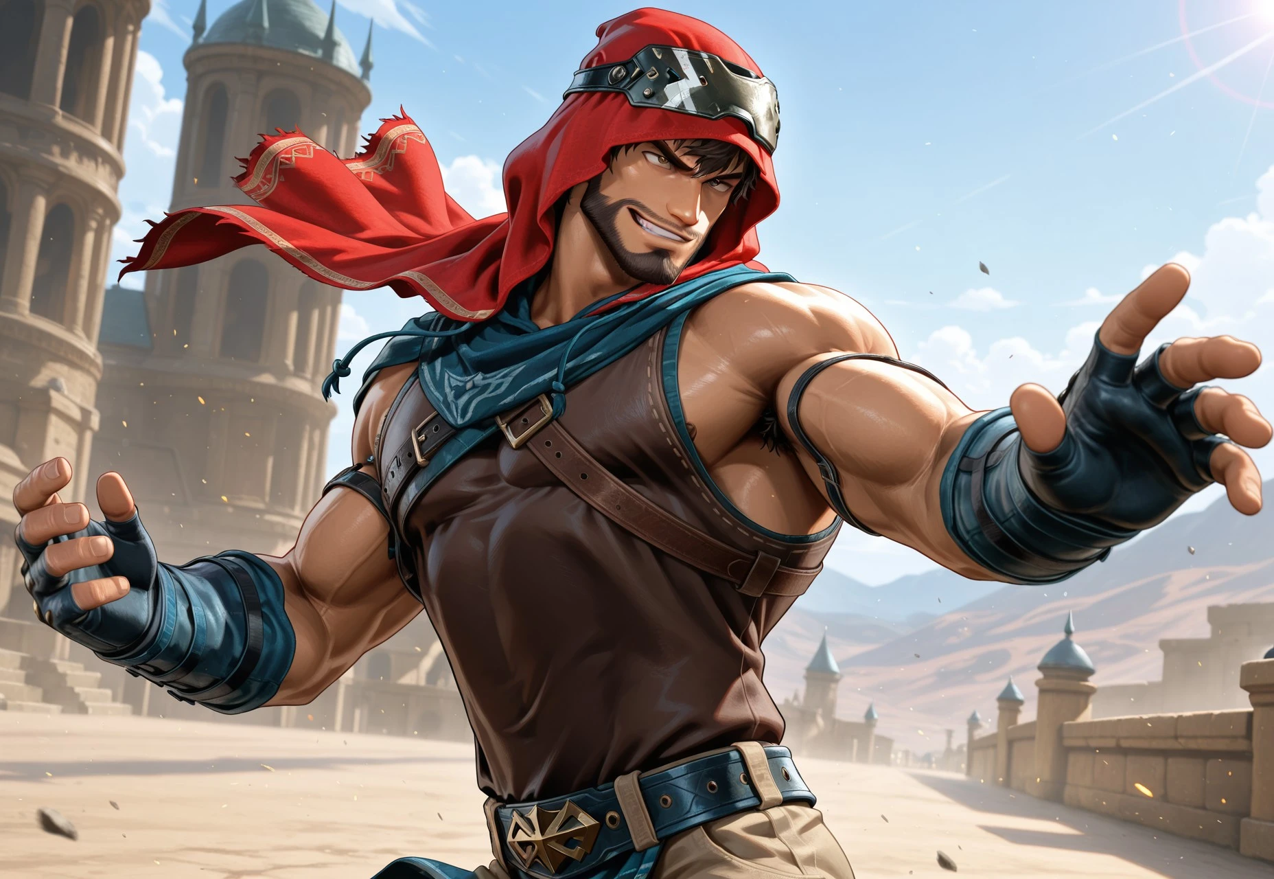masterpiece, best quality, newest, absurdres, highres, male, bara, male focus, 1boy, muscular, v-taper, long torso, narrow waist, solo, angular jawline, Shaheen, beard, brown eyes, brown skin, hood, fingerless gloves, chain, armor, outside, smirk, sunny, action, dynamic,sz4d3k, armpit hair peek,
