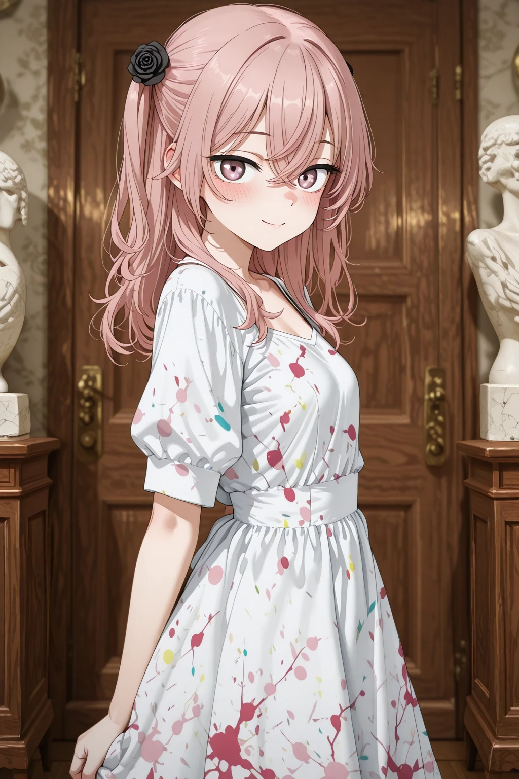 masterpiece, best quality, amazing quality, 1girl, solo, makeup, general, cowboy shot, looking at viewer, blush, smile, far angle, atelier, from side, indoors, fancy, windows, sculpture, blush, lovely, looking at viewer, <lora:sajuna-inui-s1-illustriousxl-lora-nochekaiser:0.8>, sajuna inui, inui sajuna, long hair, bangs, hair ornament, hair between eyes, pink hair, pink eyes, two side up, crossed bangs, hair flower, black rose, mature female, small breasts, <lora:Paint_Splatter_Print_Dress:1.1>, Paint_Splatter_Print_Dress, white dress, print dress, multicolored dress, short sleeves, paint on clothes, <lora:wai-2Rectified-V140:1>, <lora:illustrious_noobai_epsilon_pred_1_masterpieces_v1:1>