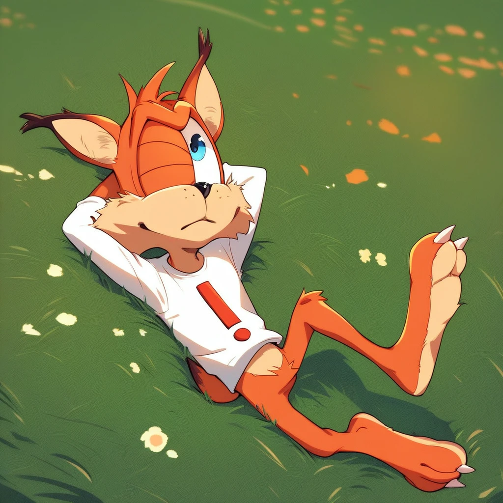score_9, score_8_up, score_8, score_7, source_cartoon, Bubsy, 1boy, solo, anthro, male furry, orange fur, bobcat, blue eyes, black nose, bobcat tail, short tail, claws, red exclamation mark printed white shirt, full body, looking up, laying on grass, laying on back, hands behind head, outside, grass field background, night sky,