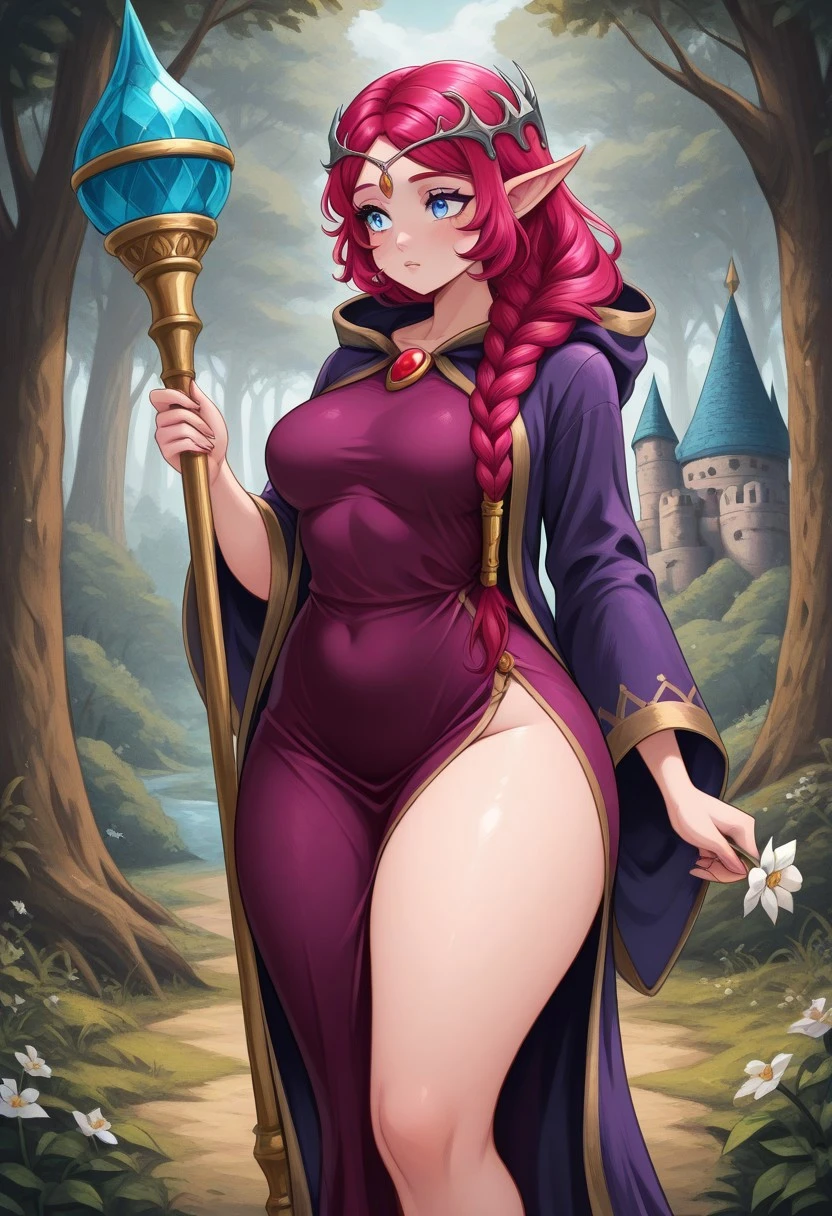 The high-resolution anime-style illustration depicts a mesmerizing forest witch adorned in a dress and hat intricately crafted from vibrant purple gums and soft moss. With an impeccable level of detail, her pale skin emits an ethereal glow, perfectly complementing her cascading, waist-length hair that seems to flow endlessly. With a curvaceous figure accentuated by her enchanting attire, the witch wields a staff that resonates with ancient power. The background envelops her in a mystical forest, its lush foliage and towering trees shrouded in an aura of enchantment. The scene captures the essence of magic and mystery, inviting viewers to immerse themselves in a world of wonder.
