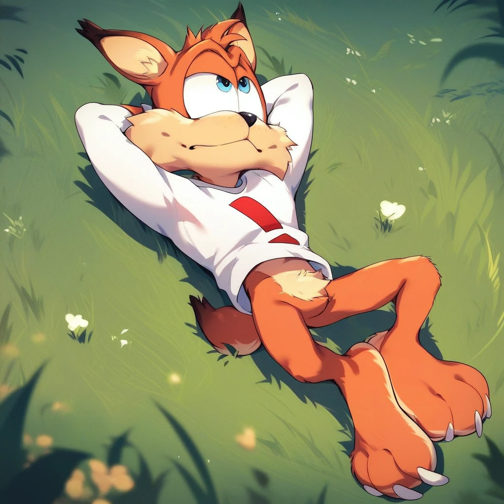 score_9, score_8_up, score_8, score_7, source_cartoon, Bubsy, 1boy, solo, anthro, male furry, orange fur, bobcat, blue eyes, black nose, bobcat tail, short tail, claws, red exclamation mark printed white shirt, full body, looking up, laying on grass, laying on back, hands behind head, outside, grass field background, night sky,