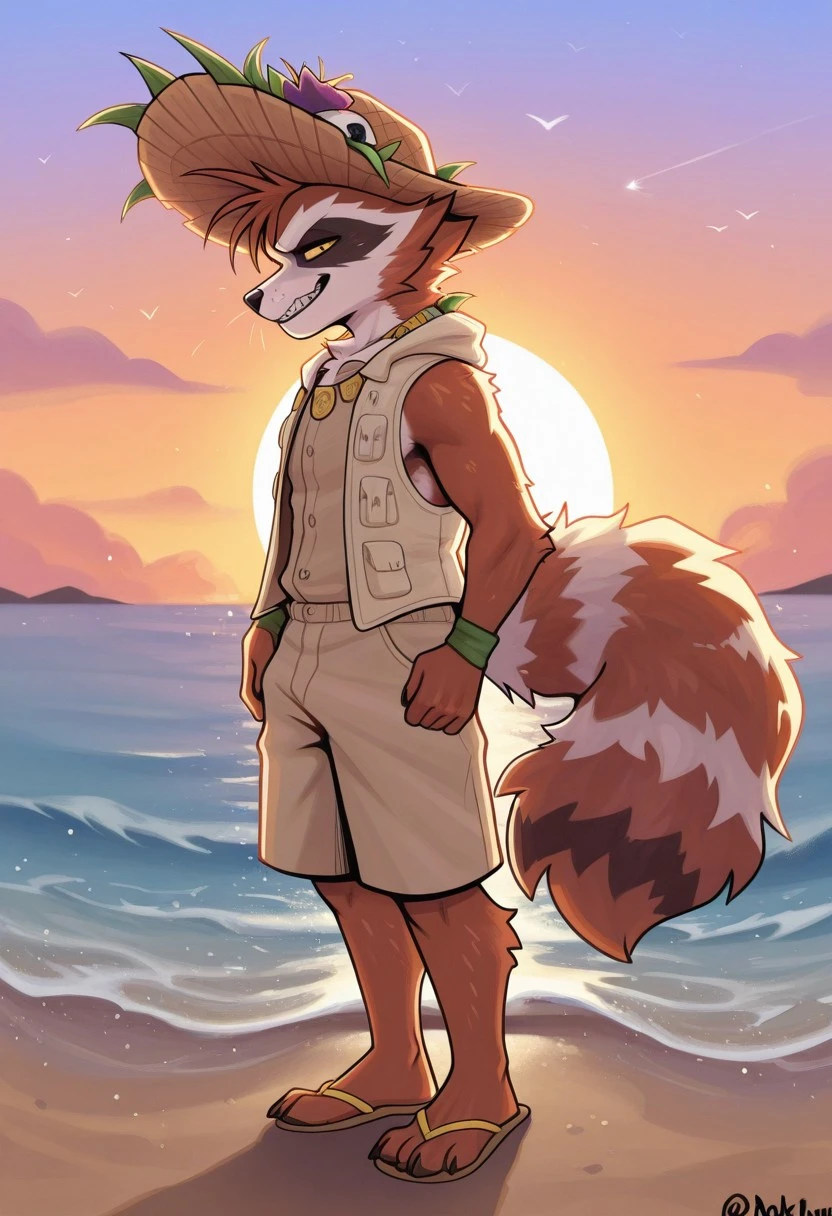 masterpiece,best quality,amazing quality, 1boy, solo,R0cket racc00n,sunh1ne racc00n,beach,vest,fullbody