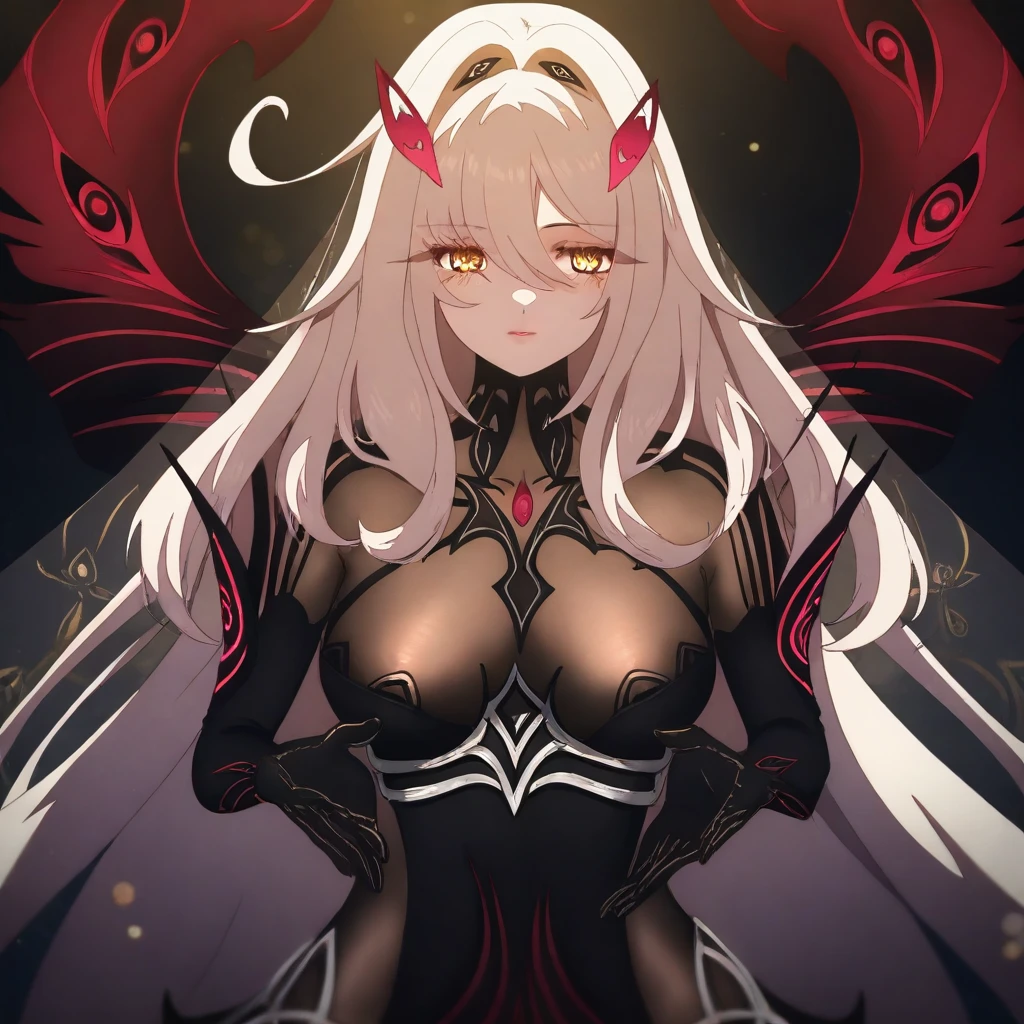 RonovaGI, 1girl, solo, curvy body, pale skin, white hair, long hair, hair clips, bangs, thick hair, golden eyes, flower-shaped pupils, pink lips, black translucent bodysuit, black strapless dress, large breast, open front skirt, thick thighs, ruffled gray translucent skirt, black feathers, black opera gloves, black high-heeled shoes, dark red wings with eye-shaped holes, black translucent pantyhose, hair ornament, masterpiece, best quality, fine details, intricate details, depth of field, subsurface scattering, bokeh, ultra-detailed, very aesthetic, detailed background, newest, scenery, highres, absurdres, colorful, vibrant, glowing, perfect face, 2d, perfect eyes, vibrant saturated colors, volumetric lighting, sharp, detailed eyes, perfect anatomy, perfect face, perfect eyes, mature body, clear eyes, beautiful eyes, athletic, curvy body, athletic girl, perky tits, perfect tits, round breasts, pinup pose, teasing, lustful expression, perfect hands, muscular female,