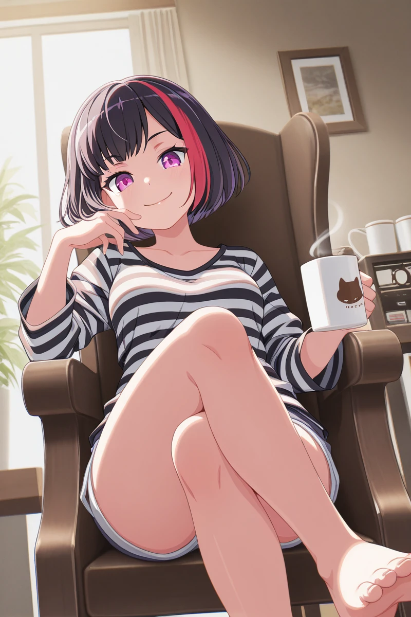 masterpiece, best quality, amazing quality,
<lora:MitakeRan_IL:1> mitakeran, 1girl, streaked hair, cup, solo, mug, multicolored hair, short hair, barefoot, black hair, red hair, smile, shorts, semi-lying, indoors, holding, striped, striped shirt, holding cup, shirt, coffee mug, crossed legs, looking at viewer, bob cut, purple eyes, chair, leaning back, from below