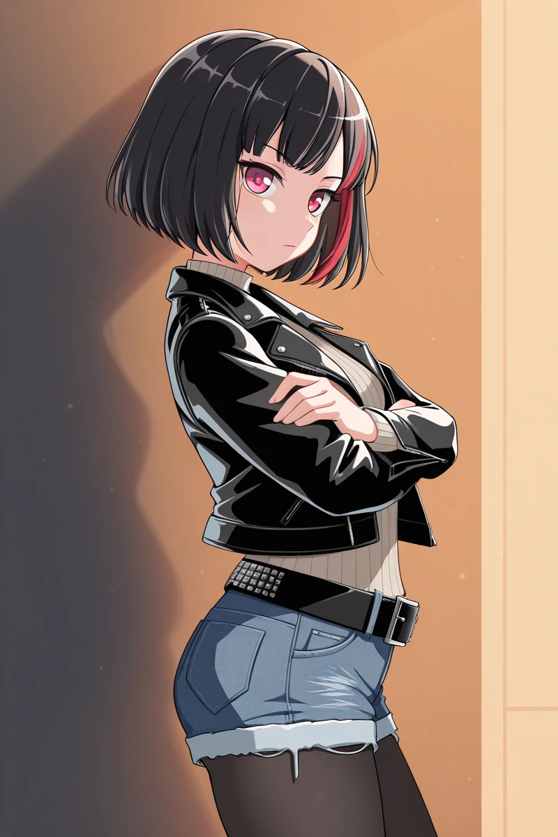 masterpiece, best quality, amazing quality,
<lora:MitakeRan_IL:1> mitakeran, 1girl, solo, streaked hair, crossed arms, jacket, shorts, black hair, multicolored hair, pantyhose, leather jacket, black jacket, red hair, short hair, leather, belt, sweater, looking at viewer, denim, short shorts, denim shorts, black pantyhose, cowboy shot, bob cut, from side, pose, big belt, cslsk
