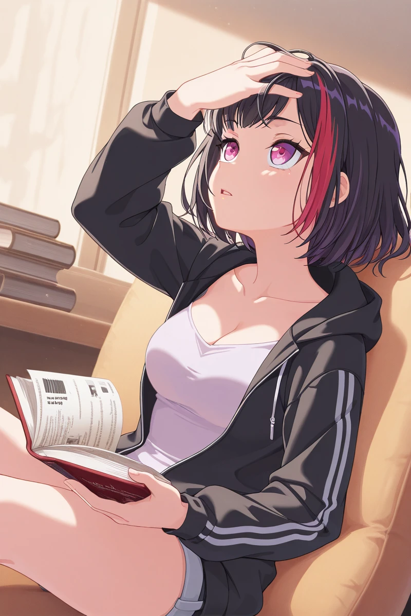 masterpiece, best quality, amazing quality,
<lora:MitakeRan_IL:1> mitakeran, 1girl, solo, streaked hair, multicolored hair, shorts, black hair, sitting, hood, red hair, short hair, book, jacket, breasts, collarbone, holding, cleavage, medium breasts, hooded jacket, black jacket, long sleeves, purple eyes, red eyes, hood down, from below, look up, hand on forehead, leaning back, from side
