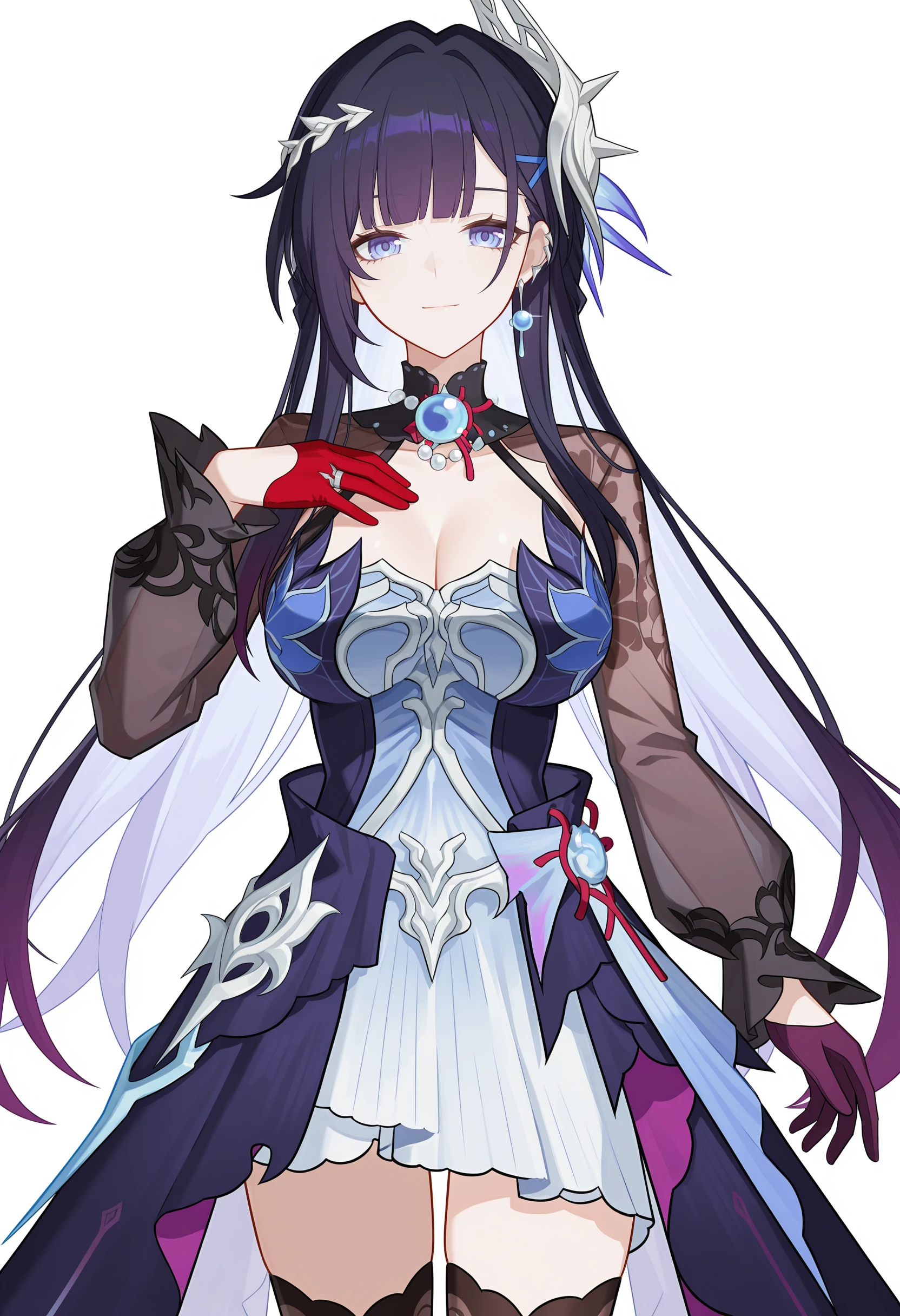 <lora:Hysilens v2_illustrious-000046:1>,
Hysilens \(honkai: star rail\),solo,raiden mei,looking at viewer,dress,breasts,gloves,hair ornament,thighhighs,jewelry,earrings,purple gloves,hand on own chest,white background,simple background,smile,long sleeves,red gloves,closed mouth,cleavage,white dress,purple dress,single earring,large breasts,blunt bangs,half gloves,see-through sleeves,