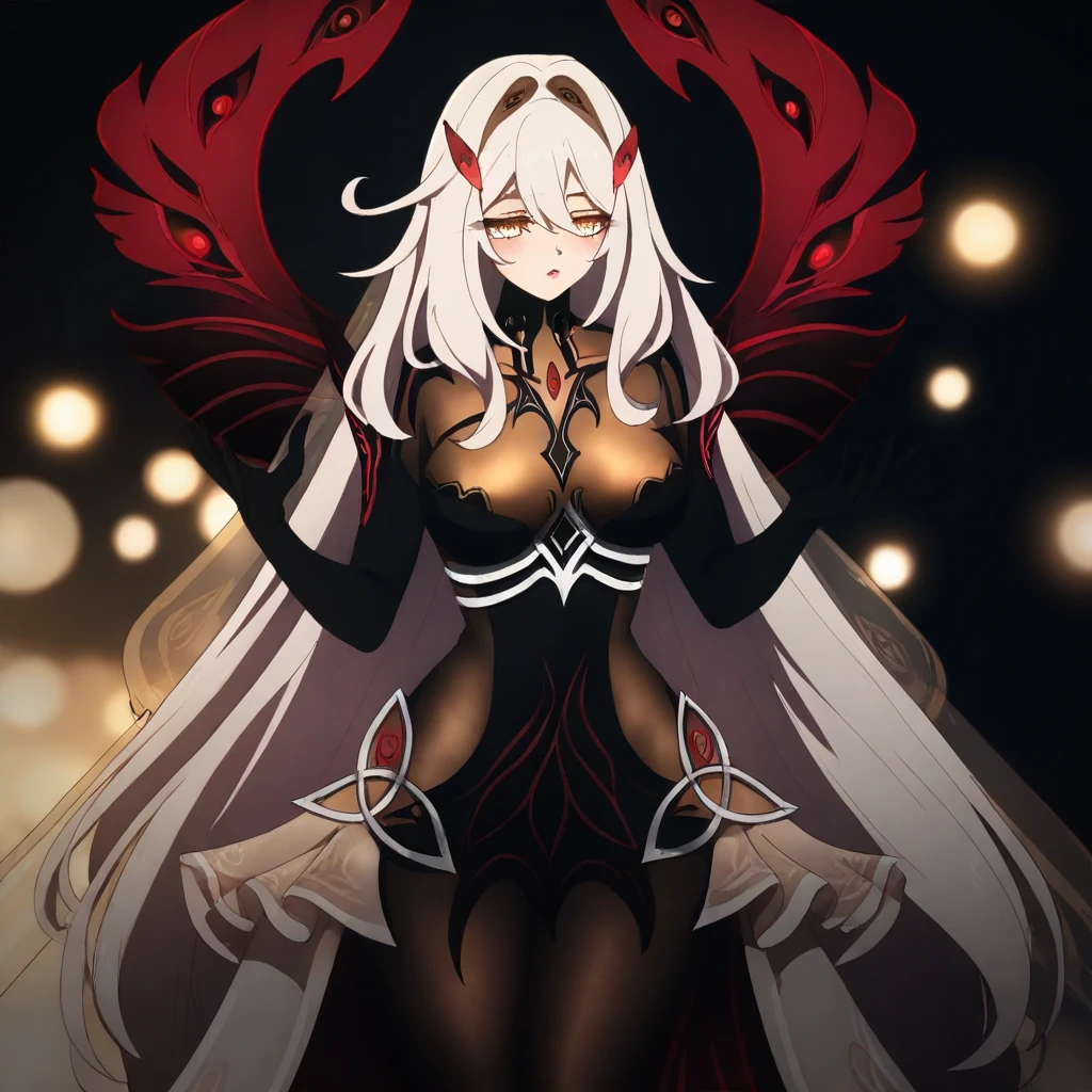 RonovaGI, 1girl, solo, curvy body, pale skin, white hair, long hair, hair clips, bangs, thick hair, golden eyes, flower-shaped pupils, pink lips, black translucent bodysuit, black strapless dress, large breast, open front skirt, thick thighs, ruffled gray translucent skirt, black feathers, black opera gloves, black high-heeled shoes, dark red wings with eye-shaped holes, black translucent pantyhose, hair ornament, masterpiece, best quality, fine details, intricate details, depth of field, subsurface scattering, bokeh, ultra-detailed, very aesthetic, detailed background, newest, scenery, highres, absurdres, colorful, vibrant, glowing, perfect face, 2d, perfect eyes, vibrant saturated colors, volumetric lighting, sharp, detailed eyes, perfect anatomy, perfect face, perfect eyes, mature body, clear eyes, beautiful eyes, athletic, curvy body, athletic girl, perky tits, perfect tits, round breasts, pinup pose, teasing, lustful expression, perfect hands, muscular female,