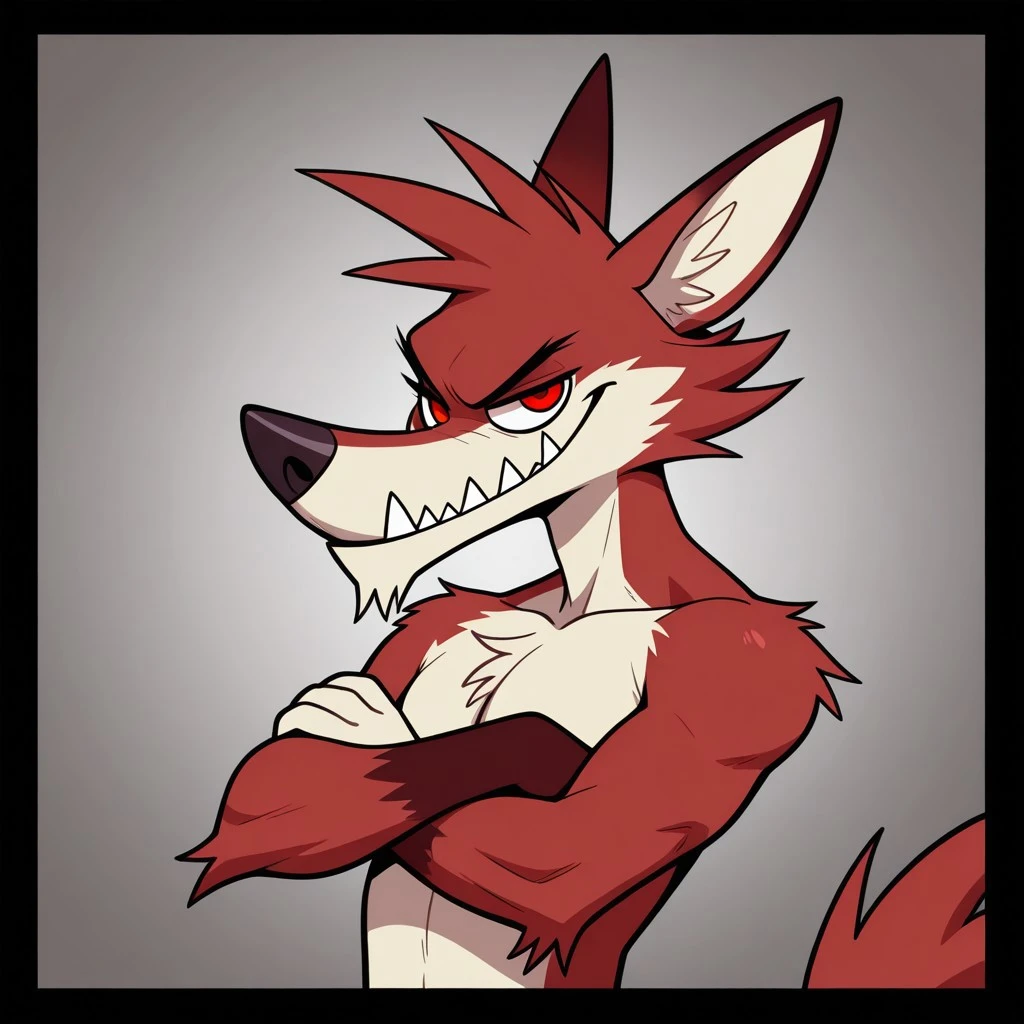 masterpiece, best quality, amazing quality, Decker, anthro wolf, red fur, red eyes, crossed arms, smirk, upper body, spiky hair, cartoony look