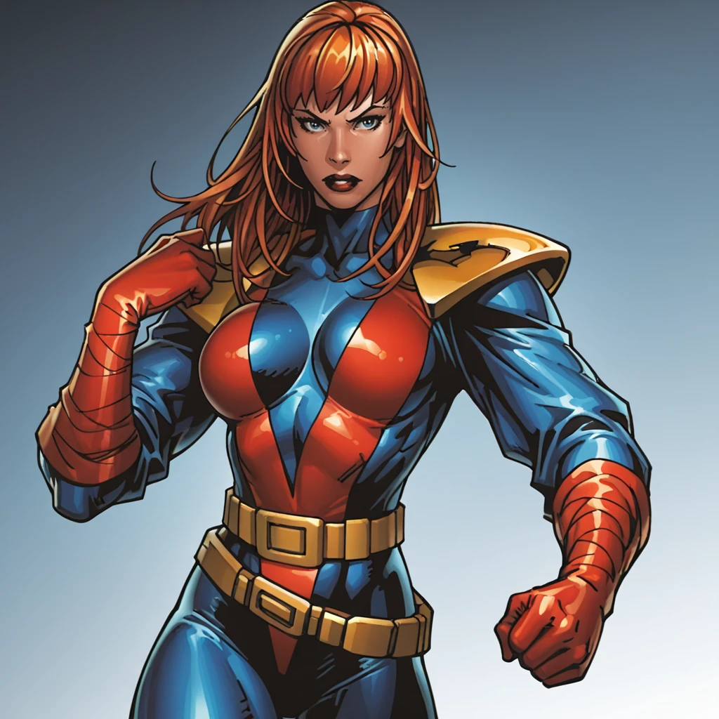 <lora:Amelia_illustrious_v1:1> AmeliaBrownHair, 1girl, long hair, bodysuit, red gloves, superhero, belt, breasts