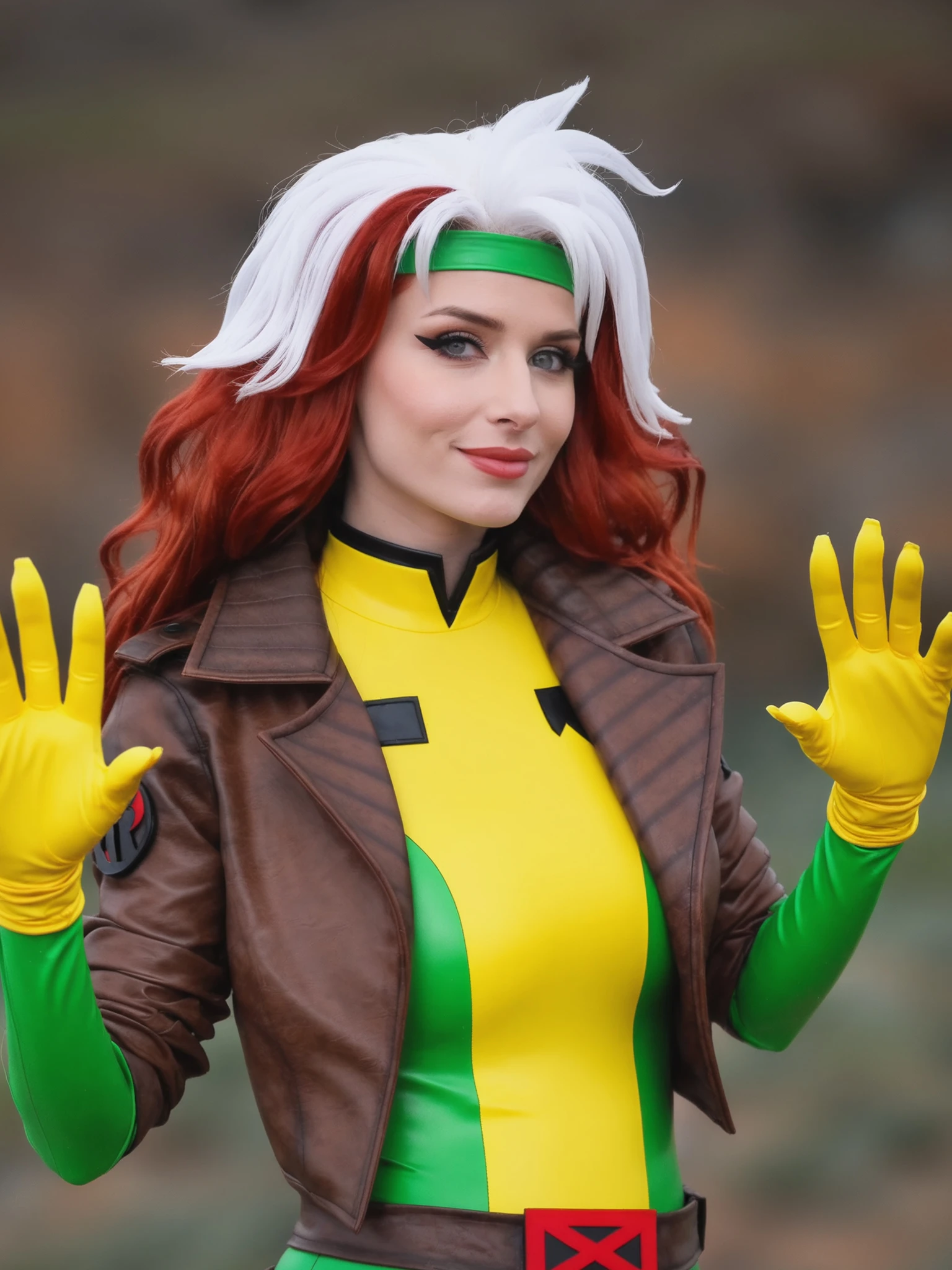 20 year old woman, 1girl, solo, red and white hair, perfect skin, Feathered mop hairstyle, multi-colored hair, 

in the desert, she is wearing green headband, yellow and green latex bodysuit, brown leather jacket, yellow gloves with folded cuffs, brown belt with buckle, yellow knee-high boots with bands, lipstick, smile, Sleeves Pushed Up, makeup, looking at viewer
