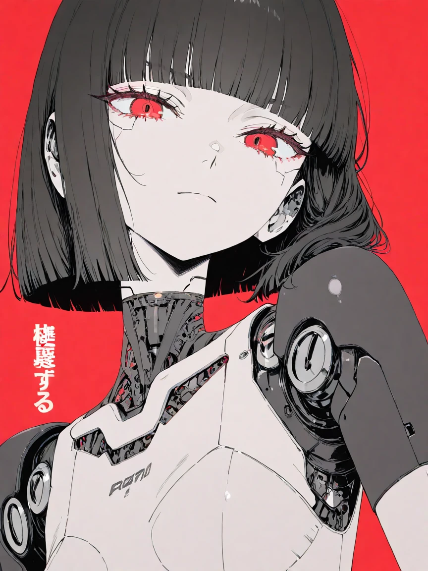 1girl, futuristic female robot, android, pale skin, black hair, short hair, blunt bangs, red eyes, slim body, serious expression, intense, closed mouth, intricate mechanical parts, mechanical joints, robot joints, portrait, close-up, upper body, looking at viewer, solo, vibrant red background, solid red background, japanese characters, japanese text, bottom left, spot color, simple background, digital illustration, anime style, cyberpunk art, sci-fi art, bold lines, intricate details, limited palette,
shallow depth of field, dramatic lighting,  and cute, dynamic angle,
masterpiece, best quality, amazing quality, very awa, absurdres, newest, very aesthetic, depth of field,