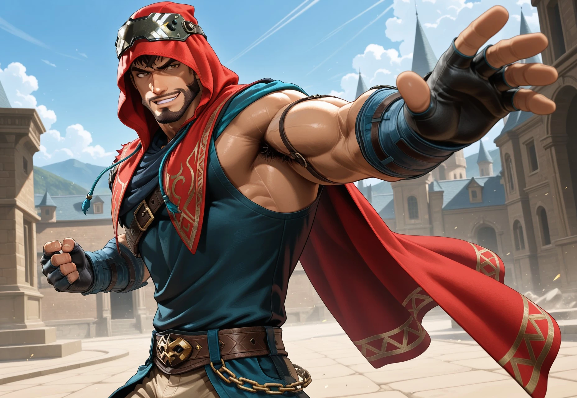 masterpiece, best quality, newest, absurdres, highres, male, bara, male focus, 1boy, muscular, v-taper, long torso, narrow waist, solo, angular jawline, Shaheen, beard, brown eyes, brown skin, hood, fingerless gloves, chain, armor, outside, smirk, sunny, action, dynamic,sz4d3k, armpit hair peek,