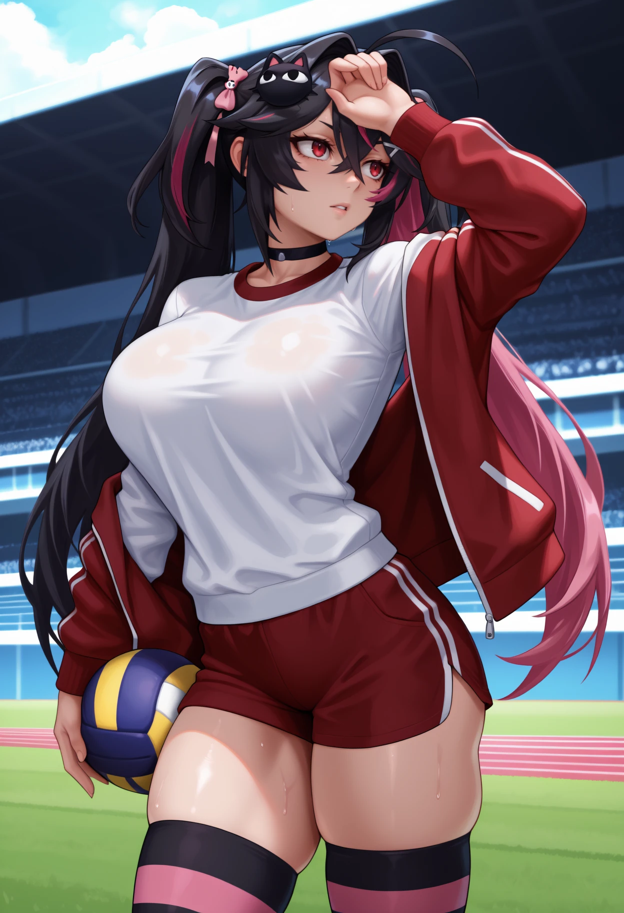 newest, solo, 1girl, sweat, parted lips, looking away, standing, hand on own forehead, holding ball, volleyball \(object\), long hair, streaked hair, black hair, pink hair, ahoge, hair between eyes, hair intakes, twintails, cat hair ornament, x hair ornament, red eyes, red jacket, track jacket, open jacket, off shoulder, long sleeves, white shirt, gym shirt, red shorts, short shorts, striped thighhighs, black thighhighs, pink thighhighs, black choker, , outdoors, day, stadium, racetrack
<segment:yolo-Anzhc Face seg 640 v3 y11n.pt,0.5,1//cid=11>