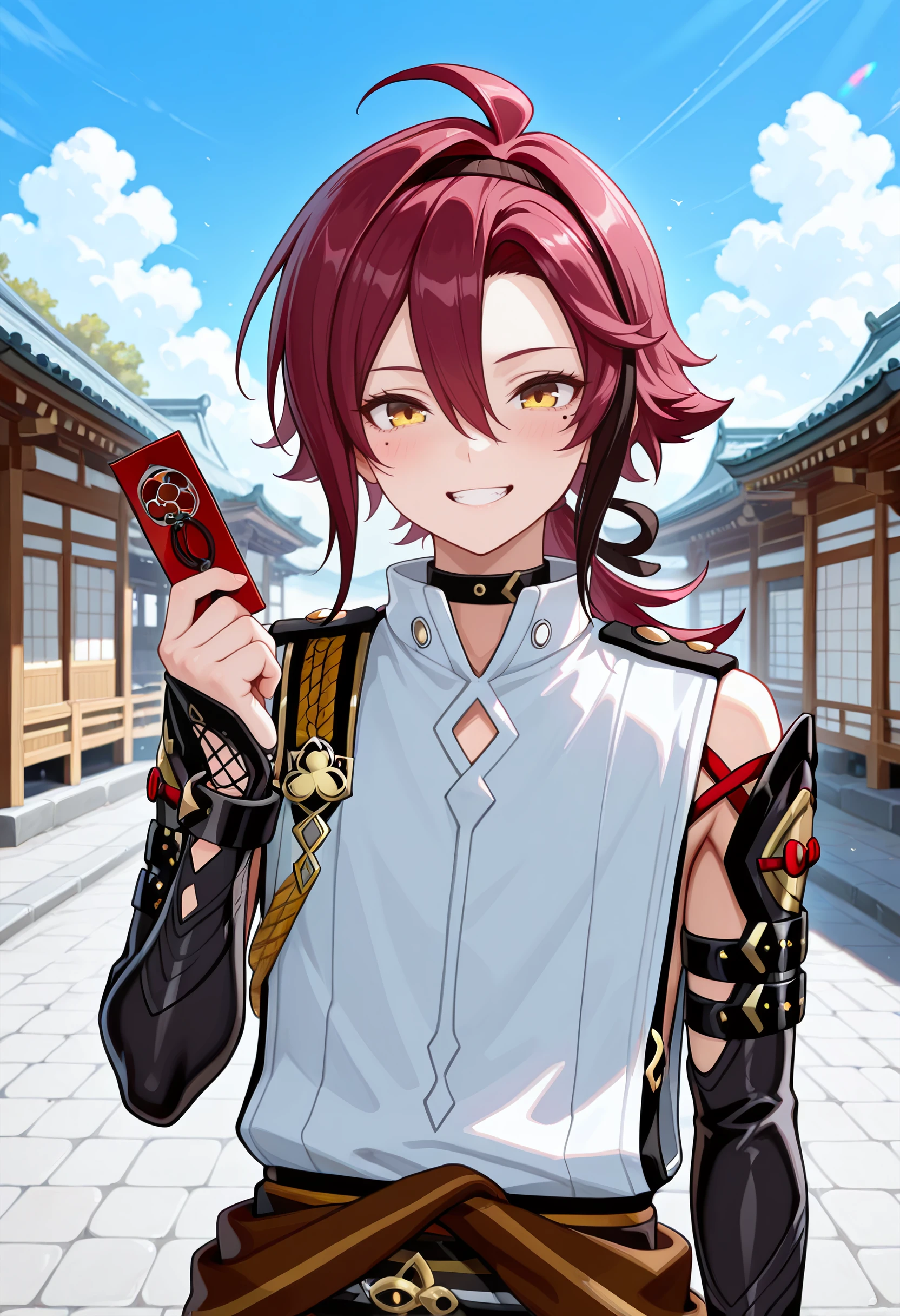 1boy, male focus, shikanoin heizou, amazing quality, high resolution, ultra-detailed, ahoge, armor, black choker, black hair, choker, green eyes, grin, hair between eyes, holding, japanese armor, japanese clothes, kote, kurokote, long hair, looking at viewer, mole, mole under eye, outdoors, shirt, sky, smile, solo, streaked hair, masterpiece, best quality, very aesthetic, absurdres