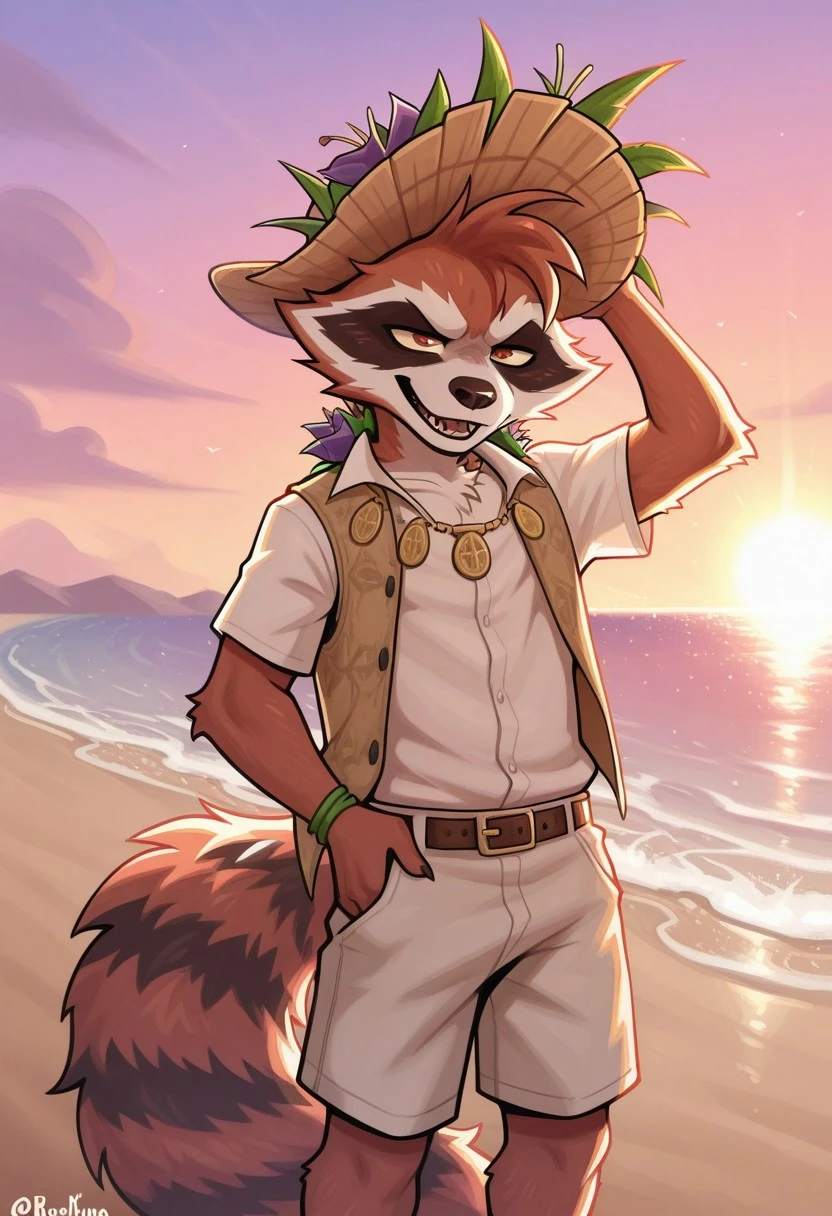 masterpiece,best quality,amazing quality, 1boy, solo,R0cket racc00n,sunh1ne racc00n,beach,vest