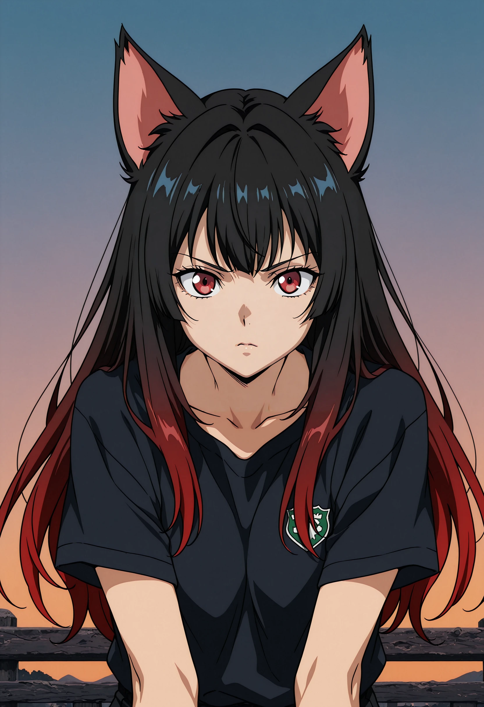 masterpiece, very aesthetic, absurdres, ultra detailed, official style,  outdoors, anime screencap, dynamic pose, animal ears, solo, cat ears, multicolored hair, red eyes, long hair, gradient, gradient background, shirt, looking at viewer, outdoors, ireland