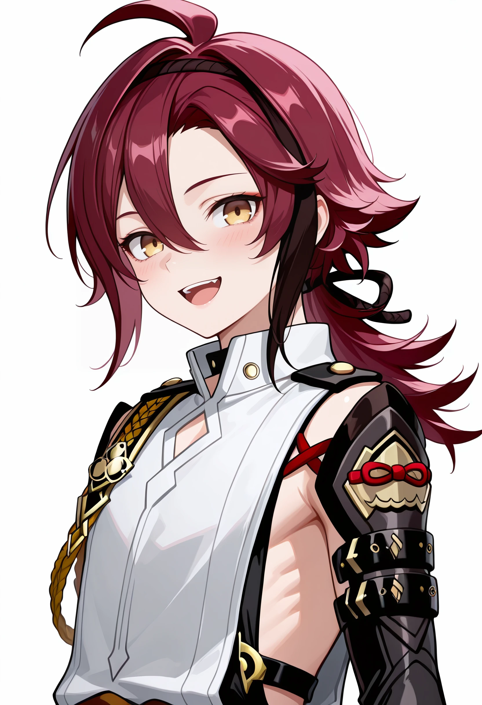 1boy, male focus, shikanoin heizou, amazing quality, high resolution, ultra-detailed, ahoge, aiguillette, armor, black hair, green eyes, hair between eyes, japanese armor, kote, kurokote, long hair, looking at viewer, mole, mole under eye, multiple moles, open mouth, simple background, smile, solo, streaked hair, white background, masterpiece, best quality, very aesthetic, absurdres