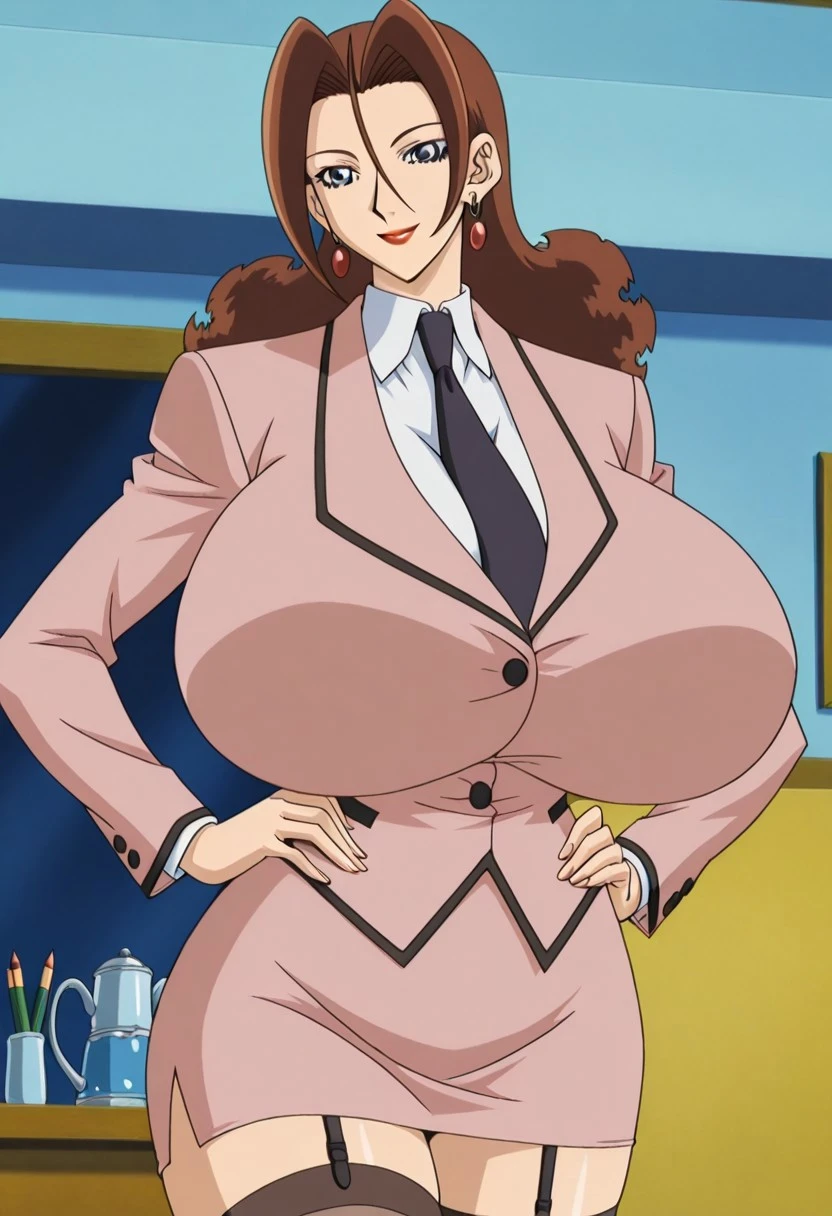 anime screencap,anime coloring,1girl,solo,Linda,brown hair,long hair,blue eyes,makeup,lipstick,jewelry,earrings,formal,jacket,long sleeves,necktie,pencil skirt,stockings,gigantic breasts,huge butt,smile,mouth closed,head tilt,look away,hands on hips