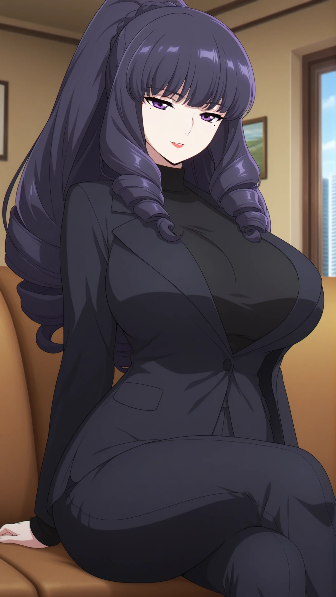 1 Girl, Solitary, Long hair, Large Breasts, cleveage, Brown eyes, Ponytail, Purple Hair, black moralityress, ,  , Mature female,((Full and soft breasts,)))(((Huge breasts))) (((Cleavage)))) wimoralityow, :morality, (masterpiece: 1.0), (the best_quality: 1.0), 