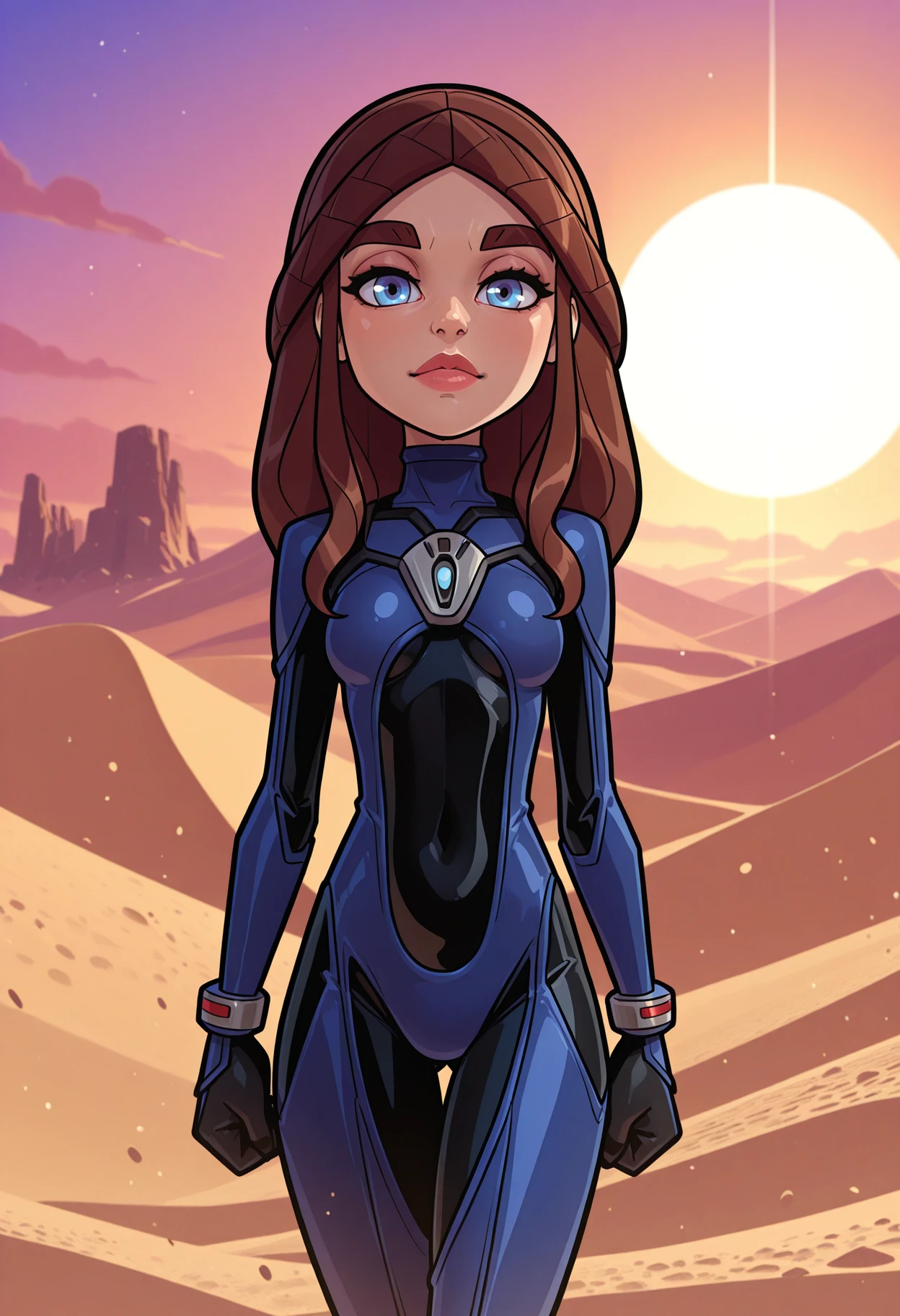good quality, very aesthetic, masterpiece,best quality,amazing quality,newest, 8K, depth of field, volumetric lighting, very awa, minigirl,
<lora:AA_bhd_ill:1>, aa_bhd, Alia Atreides,1girl, solo, young woman, brown hair, long hair, blue eyes, lips, bodysuit, sand background, dunes, front view, cowboy shot, looking at viewer,