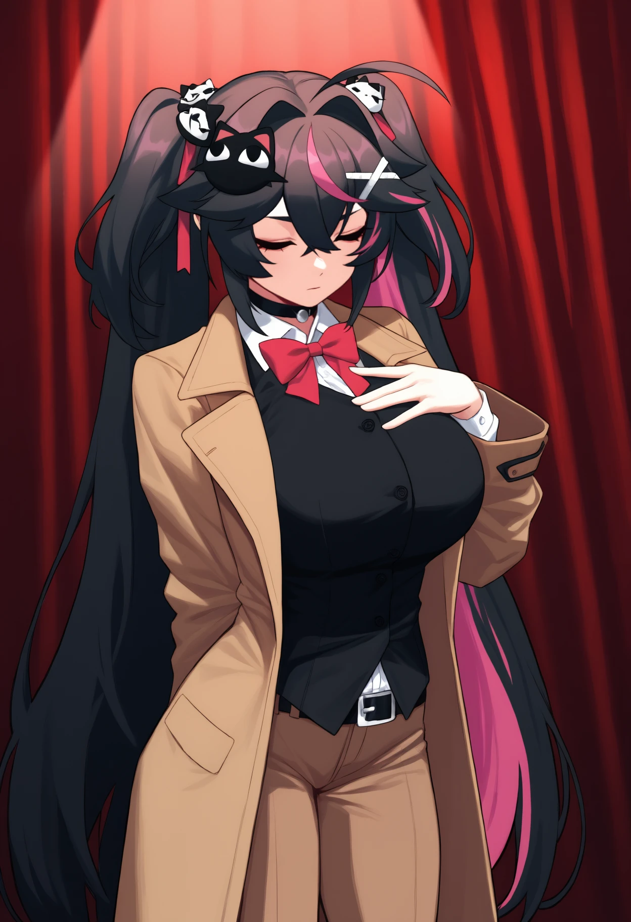 newest, solo, 1girl, expressionless, standing, arm behind back, hand on own , long hair, streaked hair, black hair, pink hair, ahoge, hair between eyes, hair intakes, twintails, cat hair ornament, x hair ornament, closed eyes, formal, brown coat, open coat, long sleeves, black vest, white shirt, collared shirt, red bowtie, brown pants, black belt, black choker, , stage, red curtains, spotlight
<segment:yolo-Anzhc Face seg 640 v3 y11n.pt,0.5,1//cid=11>