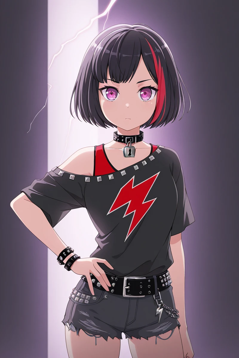 masterpiece, best quality, amazing quality,
<lora:MitakeRan_IL:1> mitakeran, 1girl, solo, black hair, streaked hair, multicolored hair, shorts, short hair, belt, hand on hip, shirt, looking at viewer, red hair, lightning print, purple eyes, short shorts, lock, padlock, black shirt, collar, bob cut, studded bracelet, off shoulder, studded belt, jewelry, pose, backlight, onstgsk