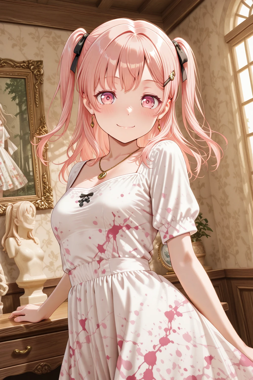 masterpiece, best quality, amazing quality, 1girl, solo, makeup, general, cowboy shot, looking at viewer, blush, smile, far angle, atelier, from side, indoors, fancy, windows, sculpture, art drawing, drawing \(object\), blush, lovely, looking at viewer, <lora:Hiromachi_Namami_Ban_Dori:1>, Hiromachi_Namami_Ban_Dori, pink eyes, pink hair, long hair, breasts, two side up, hair ribbon, hairclip, <lora:Paint_Splatter_Print_Dress:1.1>, Paint_Splatter_Print_Dress, white dress, print dress, multicolored dress, short sleeves, paint on clothes, jewelry, necklace, <lora:wai-2Rectified-V140:1>, <lora:illustrious_noobai_epsilon_pred_1_masterpieces_v1:1>