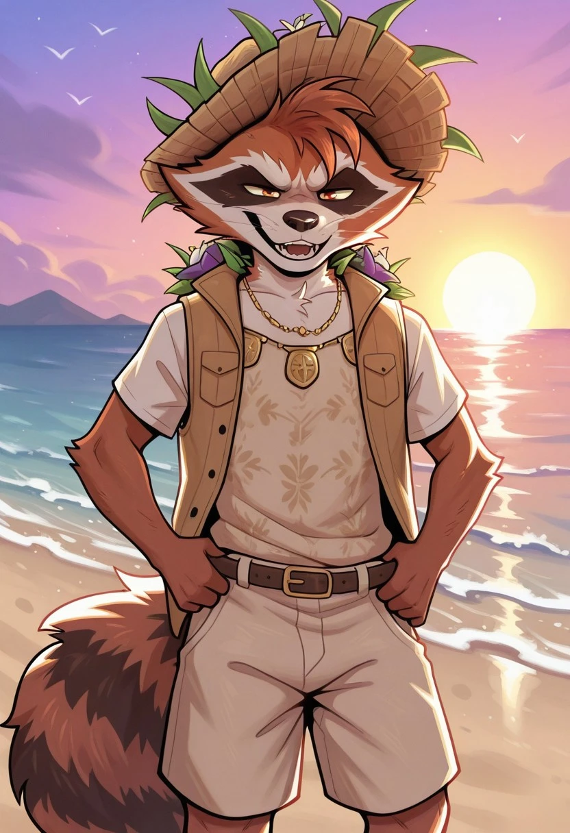 masterpiece,best quality,amazing quality, 1boy, solo,R0cket racc00n,sunh1ne racc00n,beach,vest