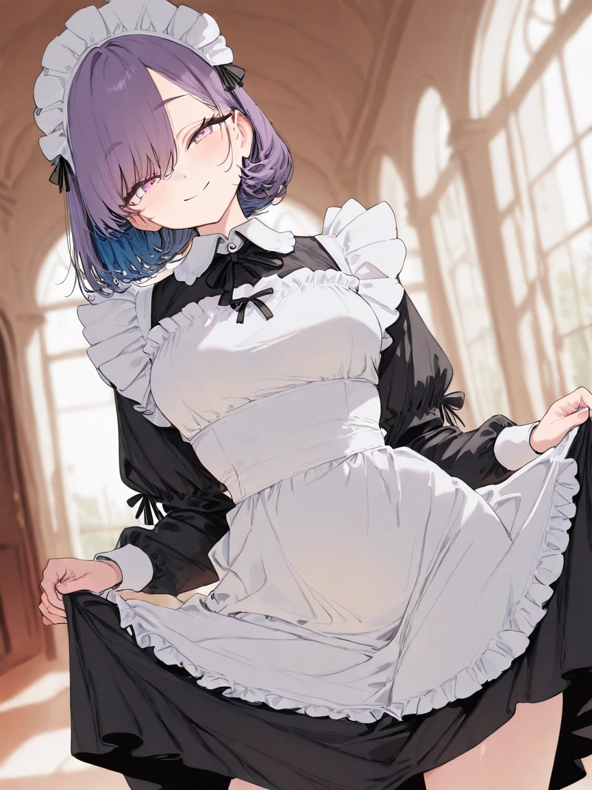 1girl, smile, round face, ((maid girl)), leaning to the side, curtsey, contrapposto, looking at viewer, mansion, 
shallow depth of field, curvy, 
 and cute, 
dynamic angle, 
masterpiece, best quality, amazing quality, very awa, absurdres, newest, very aesthetic, depth of field,