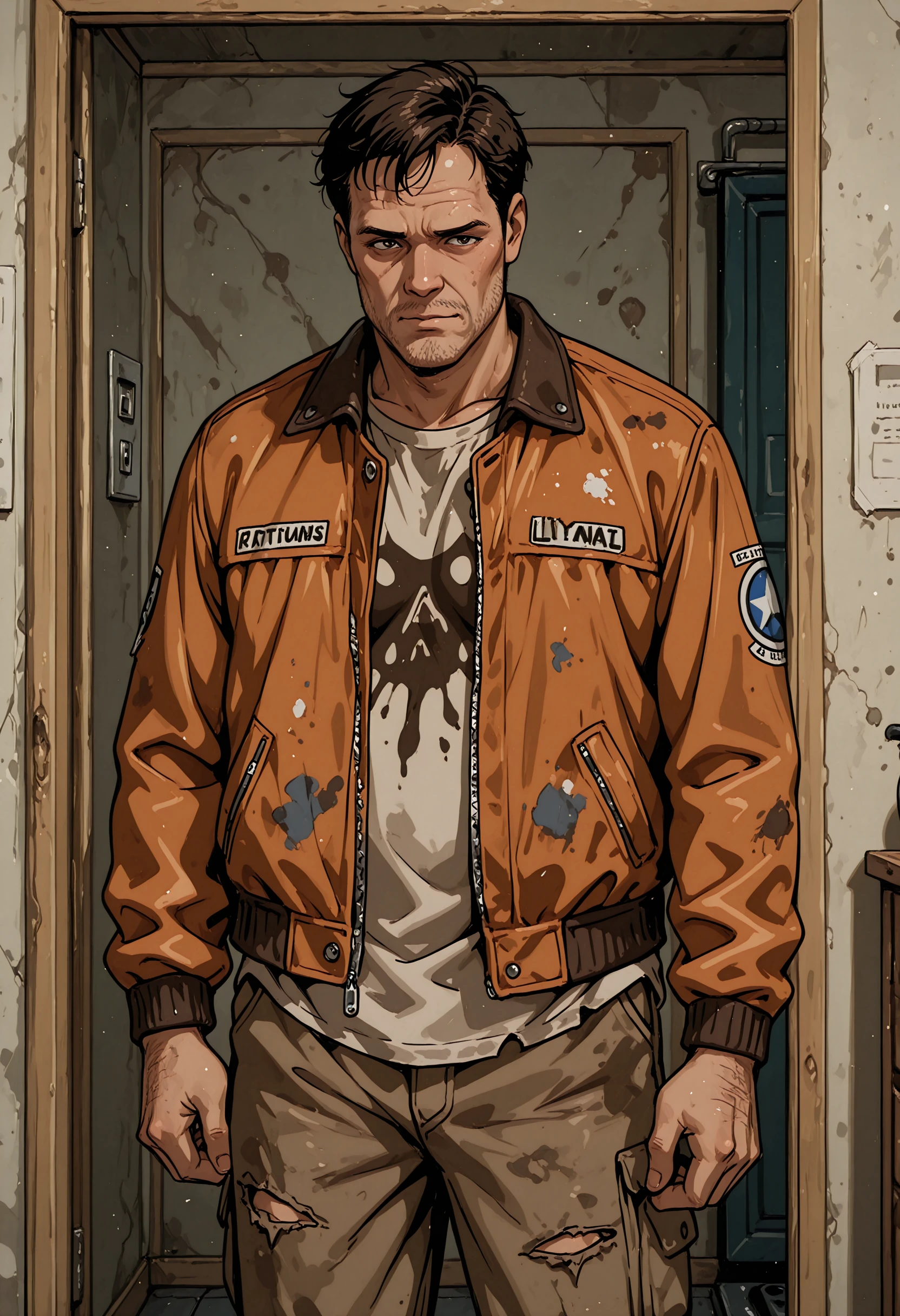 Masterpiece, best quality, a  old guy, 1boy, male focus, indoors, no furniture, liminal space, tattered clothes, jacket, shirt, pantsâââ