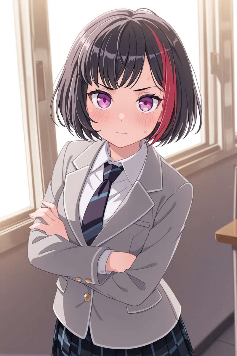 masterpiece, best quality, amazing quality,
 <lora:MitakeRan_IL:1> mitakeran, 1girl, solo, streaked hair, skirt, school uniform, multicolored hair, jacket, necktie, looking at viewer, short hair, plaid skirt, blush, red hair, long sleeves, sweatdrop, plaid, shirt, purple eyes, grey jacket, pleated skirt, bangs, blazer, black hair, pose, crossed arms, haneoka school uniform
