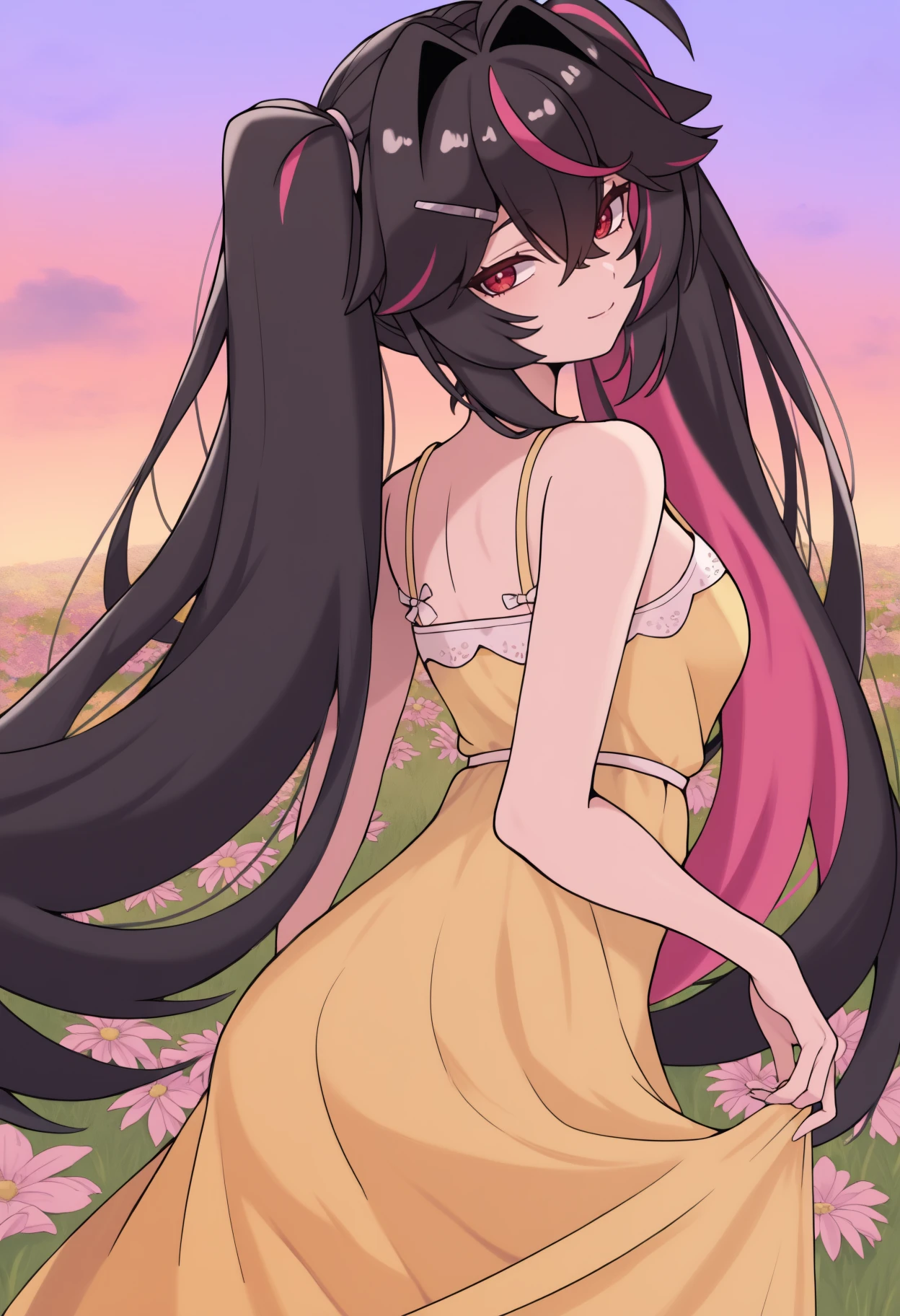 newest, , solo, 1girl, slight smile, looking back, skirt hold, long hair, streaked hair, black hair, pink hair, ahoge, hair between eyes, hair intakes, twintails, hairclip, red eyes, yellow sundress, spaghetti strap, shoulders, outdoors, sunset, cloud, grass, flower field
<segment:yolo-Anzhc Face seg 640 v3 y11n.pt,0.5,1//cid=11>