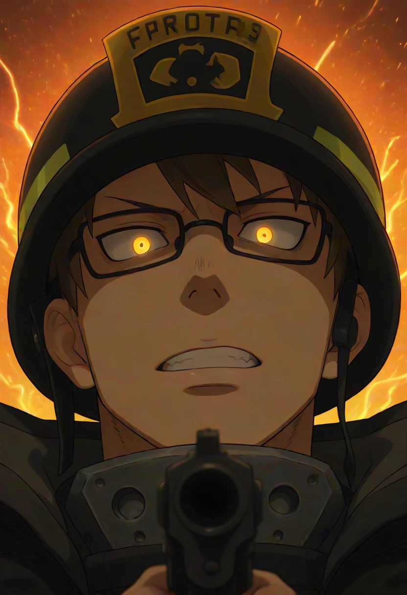1boy, male focus, HinawaFF, HinawaFF_brown_hair, HinawaFF_glasses, HinawaFF_yellow_glowing_eyes, HinawaFF_firefighter_helmet, HinawaFF_fire_force_uniform, HinawaFF_grey_chest_plate, firearm, gun flash, glowing bullet sparks, weapon aiming, arm extended, intense orange lighting, sunlight haze, dramatic shadows, cinematic lens flare, expressive determined face, eyes wide open, mouth slightly open, looking at viewer, from below, close-up:2.6, slightly from underneath, dynamic angle, masterpiece, best quality, amazing quality, ultra-detailed, absurdres, cinematic lighting, realistic shading, newest, 8k resolution, octane render
<lora:Fire_Force_Takehisa_Hinawa:0.8>