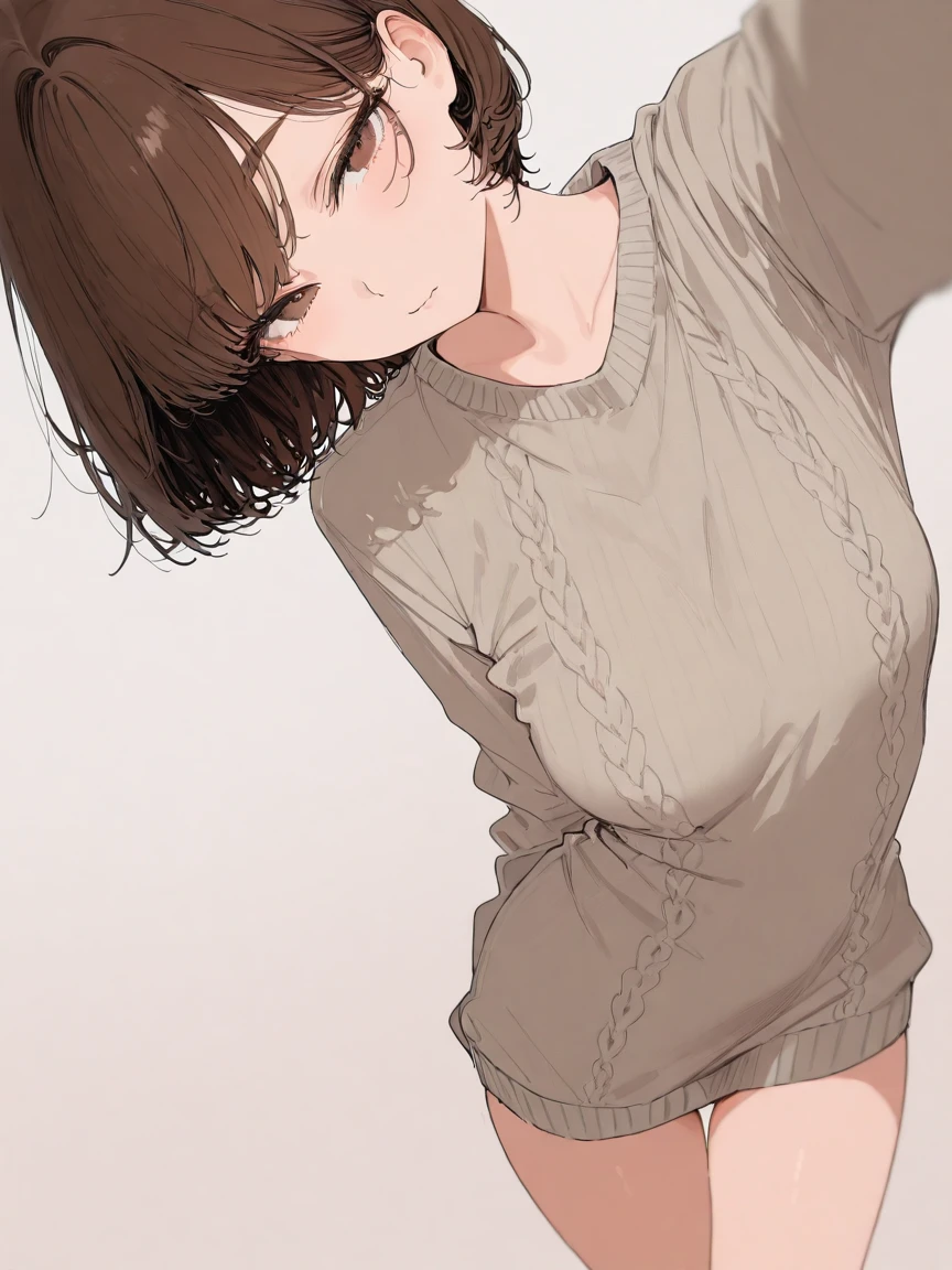1girl, brown short hair, big brown eyes, oversized sweater, 
shallow depth of field, 
 and cute, 
dynamic angle, 
masterpiece, best quality, amazing quality, very awa, absurdres, newest, very aesthetic, depth of field,