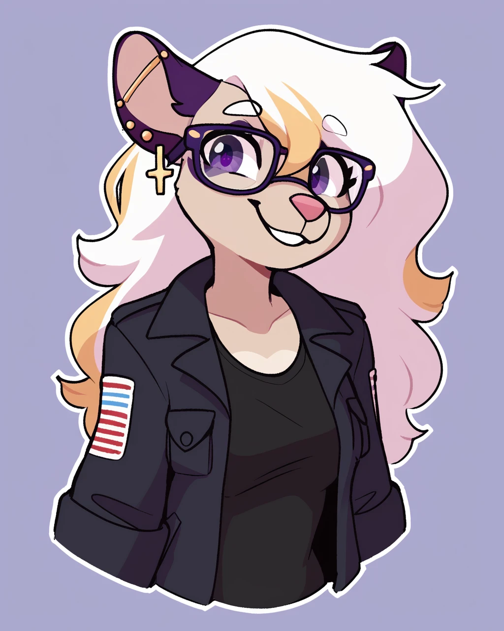 score_9_up, score_8_up, score_7_up, score_6_up, by remanedur, half-length portrait, furry, female, sugar glider, multicolored hair, blonde highlights, medium breasts, glasses, purple eyes, skirt, jacket, black boots, industrial piercing, ear piercing, long hair, looking at viewer, happy, smile, head tilt, solo, three-quarter view, view, simple background, white outline, <lora:Leah_Pines(AIM)_XL_v1:0.15> <lora:PDXL_artist_tags_v2_big:0.5> <lora:The-Minuscule-Task_PDXL_v1.0:0.6> <lora:Skye_Its_Dreamless:0.7>