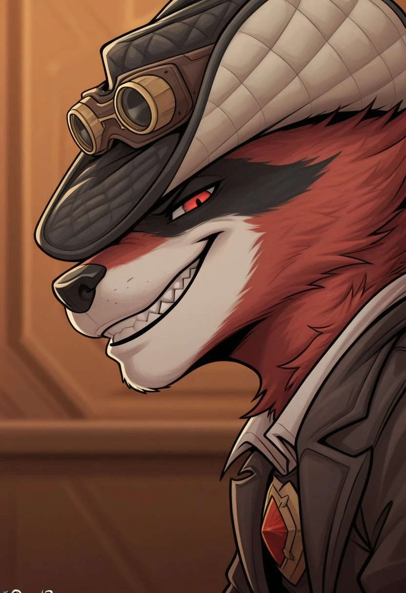 masterpiece,best quality,amazing quality, 1boy, solo,R0cket racc00n,B0unty Hunt3r Su1t,side angle,smirk,close up