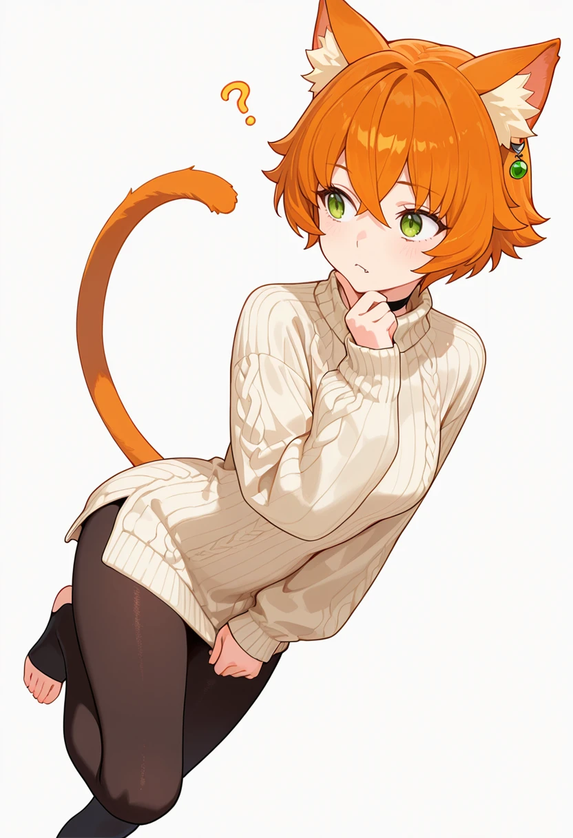 masterpiece,high quality details,
<lora:Nene_Shilfindle:0.8>neneshilfindle_cnr, 1girl,cat girl, orange hair, short hair, green eyes, cat ears, animal ear fluff,fang out, hair between eyes,cat tail,turtleneck sweater ,choker sweater ,side slit pantyhose,,toeless legwear,, simple background, white background, dynamic angle,solo,, confused,pain,, one leg extended forward,one hand resting on chin,body curled sideways,