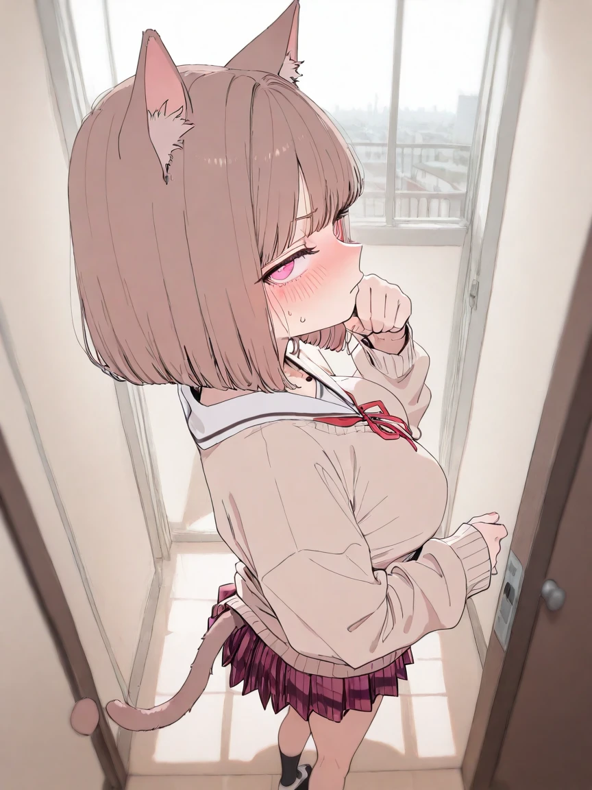 1girl, bob cut, light pink brown hair, pale pink brown cat ears, pink eyes, round eyes, beige cardigan, loose fit cardigan, plaid skirt, red pleated skirt, red ribbon, pale pink and brown cat tail, young face, big , high gradation eyes, detailed eyes, high resolution mesh, short stack, elementary school student, young face, profiles, angry expression, blush, sweat, estrus period, face gaze, face up, angle from above, old apartment, hallway, scenery, door, window, building, outdoors
shallow depth of field, dramatic lighting,
 and cute,
dynamic angle,
masterpiece, best quality, amazing quality, very awa, absurdres, newest, very aesthetic, depth of field,