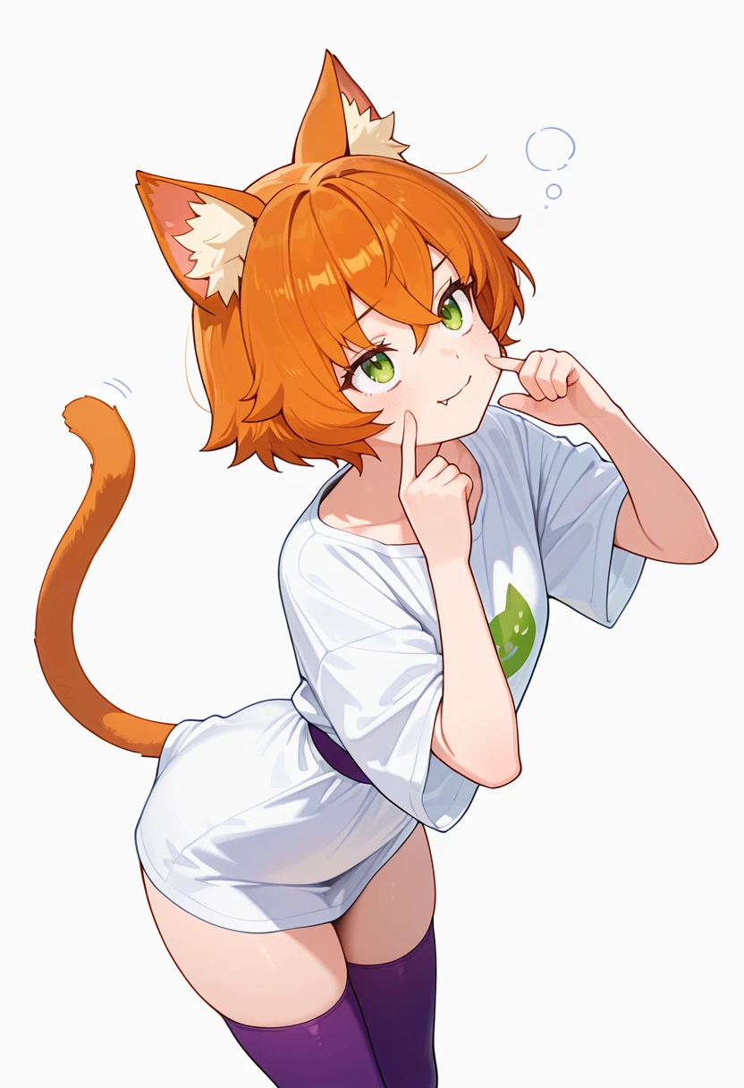 masterpiece,high quality details,
<lora:Nene_Shilfindle:0.8>neneshilfindle_cnr, 1girl,cat girl, orange hair, short hair, green eyes, cat ears, animal ear fluff,fang out, hair between eyes,cat tail,leotard ,oversized shirt,high-waist skirt, ,purple thighhighs,, simple background, white background, from behind,solo,, exhausted,fingersmile,, bent forward at waist,looking up,arms swinging,