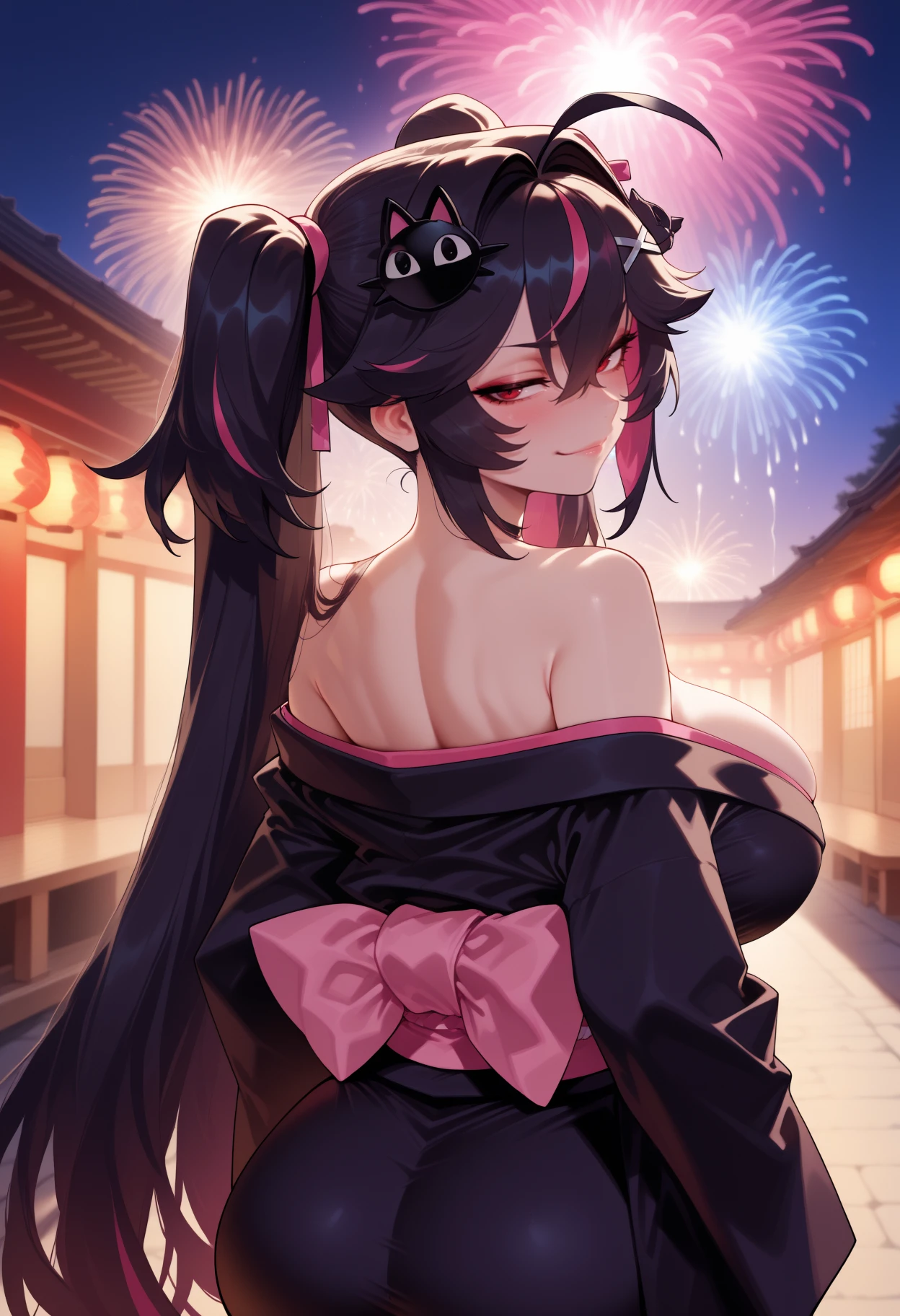 newest, , solo, 1girl, slight smile, looking back, looking at viewer, arms at sides, long hair, streaked hair, black hair, pink hair, ahoge, hair between eyes, hair intakes, twintails, cat hair ornament, x hair ornament, red eyes, japanese clothes, black kimono, off shoulder, kimono pull, long sleeves, pink sash, shoulders, outdoors, night, fireworks
<segment:yolo-Anzhc Face seg 640 v3 y11n.pt,0.5,1//cid=11>